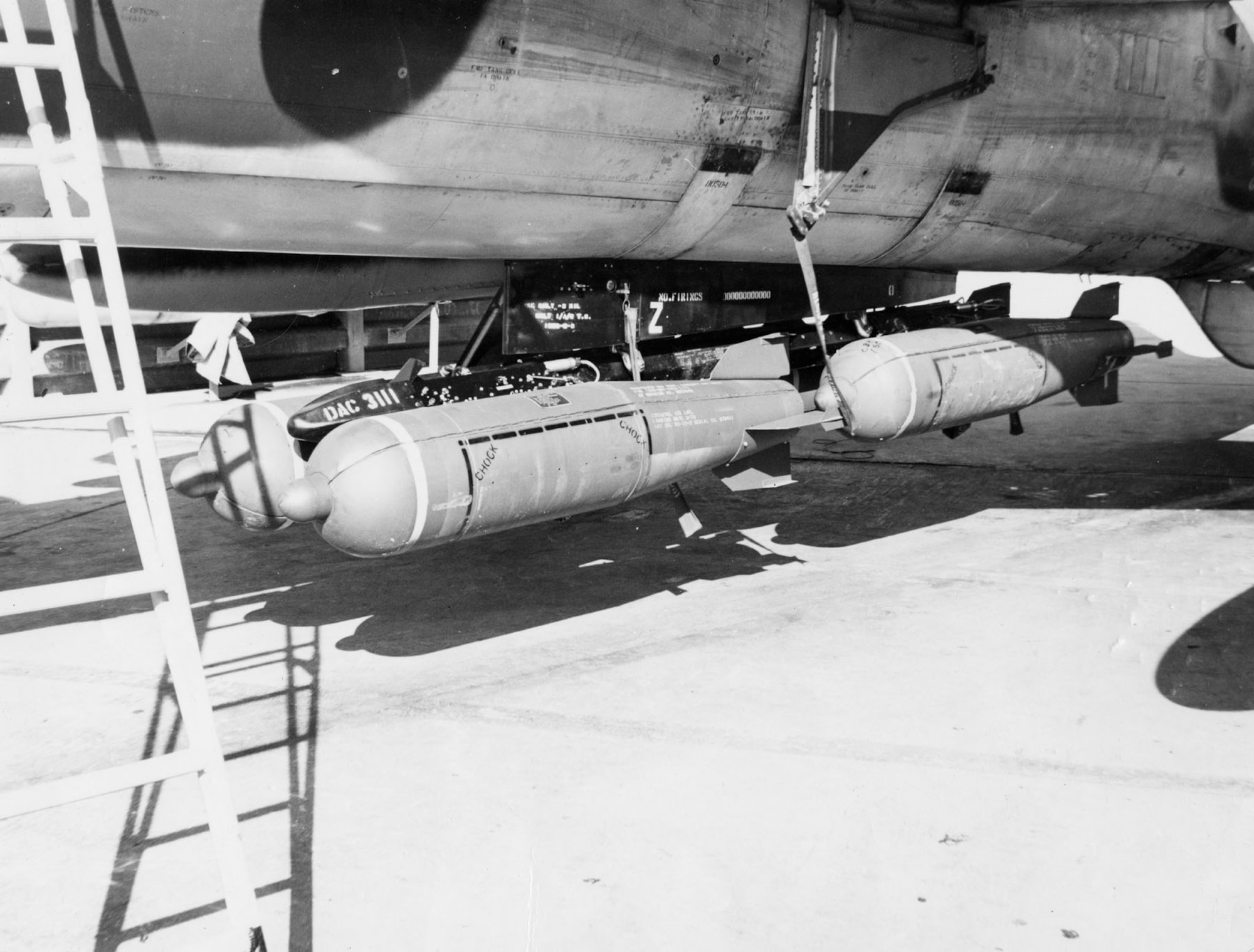 CBU-24 cluster bombs loaded on an F-105. This weapon was particularly useful for finishing off SAM sites. (U.S. Air Force photo)
