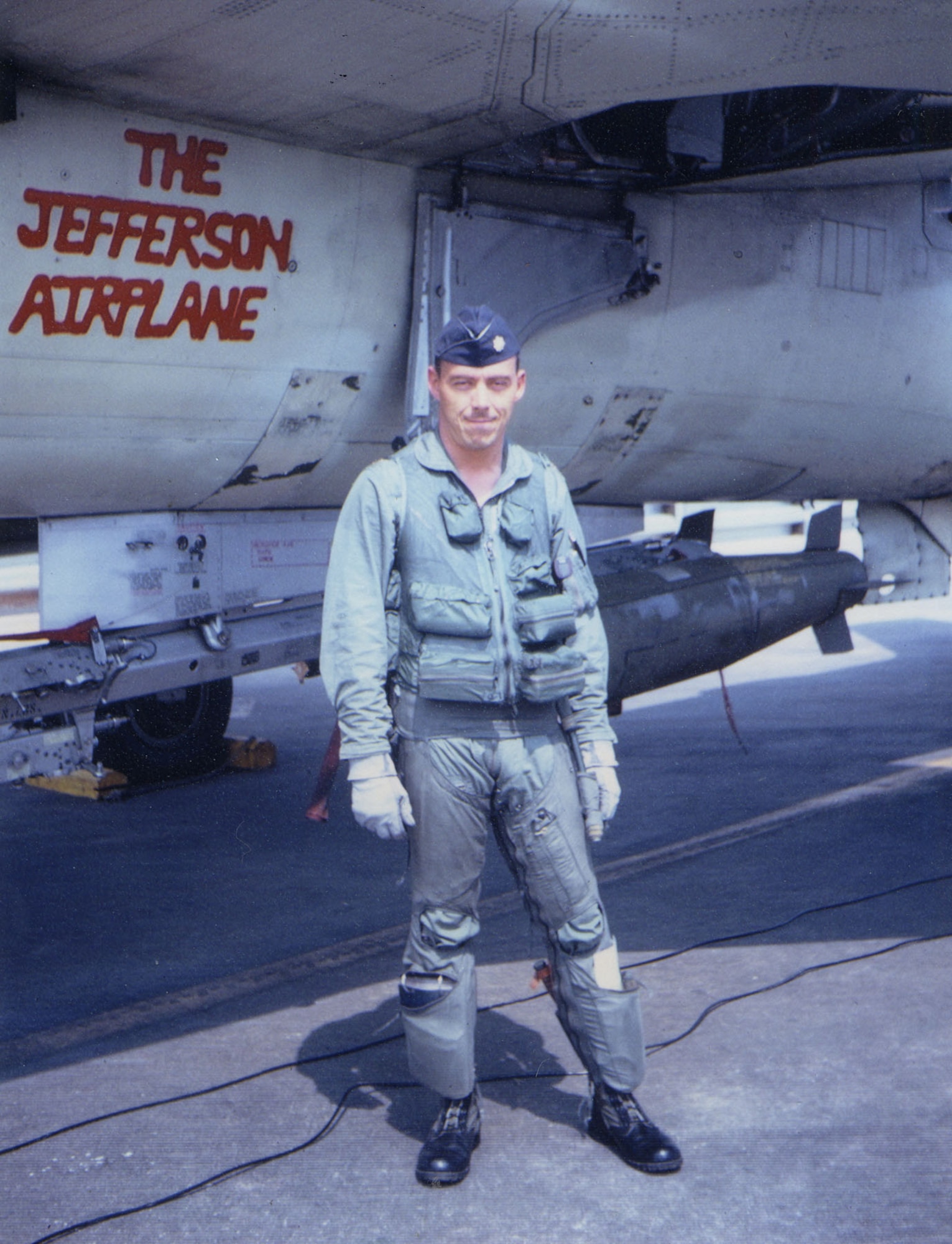 Maj. White wearing the survival vest on display in the museum. (U.S. Air Force photo)
