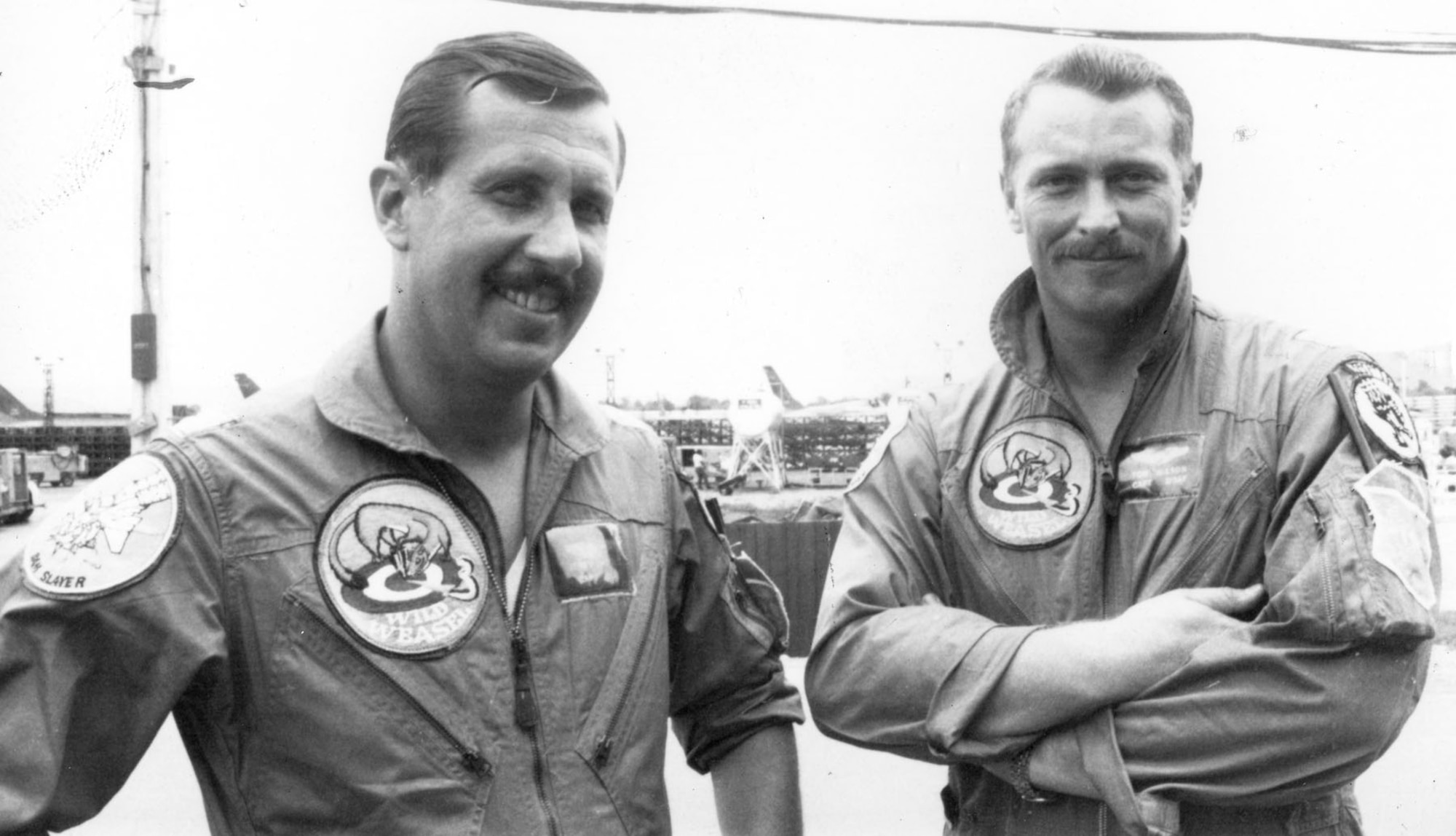 On April 23, 1967, Capt. Jerry Hoblit (l), pilot, and Capt. Tom Wilson (r), EWO, flew No. 3 in a four aircraft Wild Weasel formation on a strike against the heavily-defended area around Thai Nguyen, North Vietnam. Dodging three SA-2s, Hoblit and Wilson bombed one SAM site and fired their Shrikes against another. When an SA-2 missile damaged the lead aircraft, Hoblit and Wilson kept the SAM crew’s attention by engaging it, dodging yet another SA-2. Hoblit and Wilson then remained behind to cover the crew of an RF-4C that had been shot down before the strike.  None of the strike aircraft were lost. For their valor and daring, Capt. Hoblit was awarded the Air Force Cross, and Capt. Wilson was awarded the Silver Star. (U.S. Air Force photo)