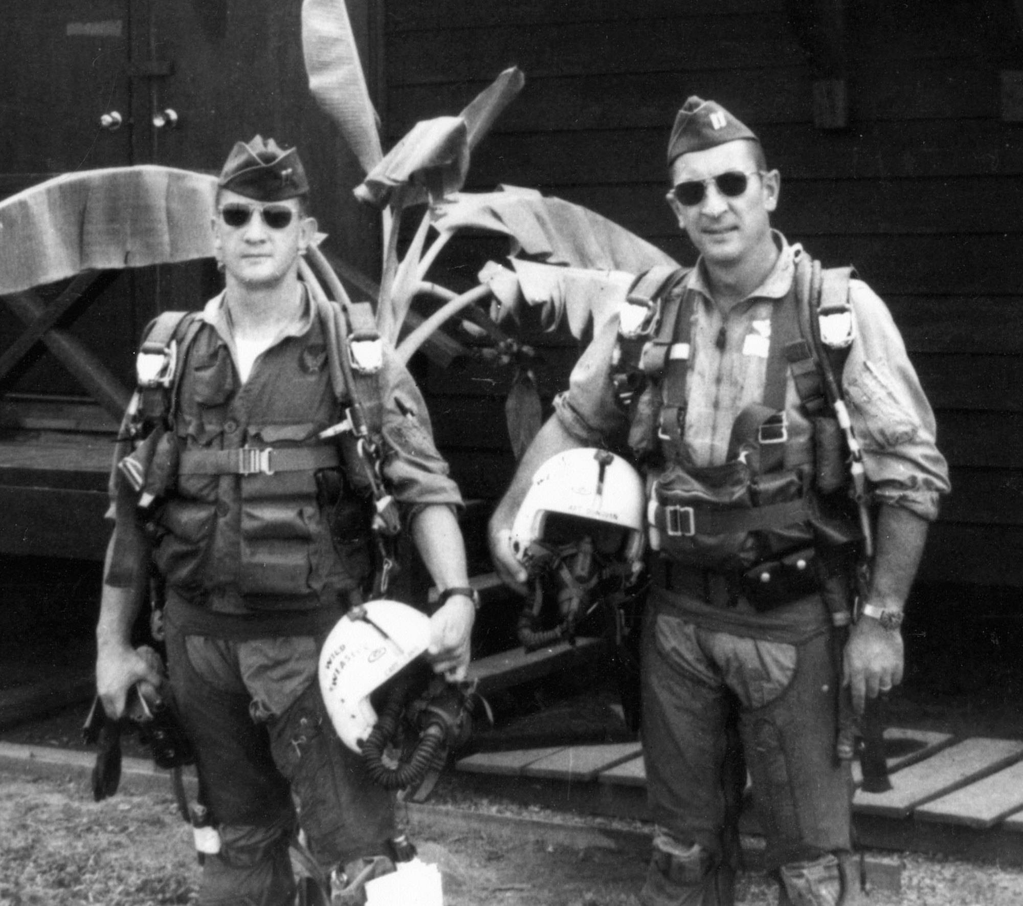 Photograph of Capt. Allen Lamb (l) and Capt. Jack Donovan (r) snapped just before they took off on the first kill mission. (U.S. Air Force photo)