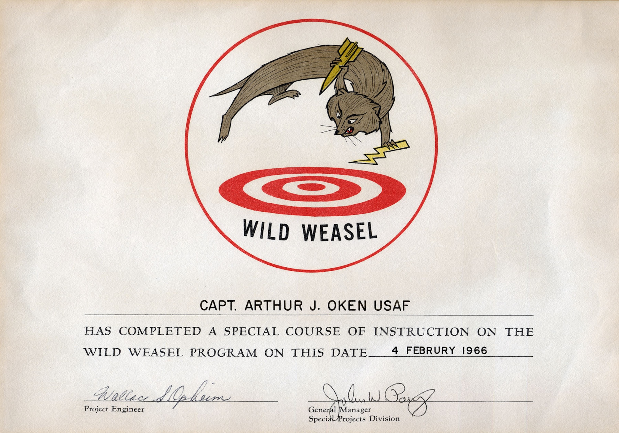Certificate for Capt. Arthur Oken, who flew F-100F Wild Weasels out of Korat. (U.S. Air Force photo)