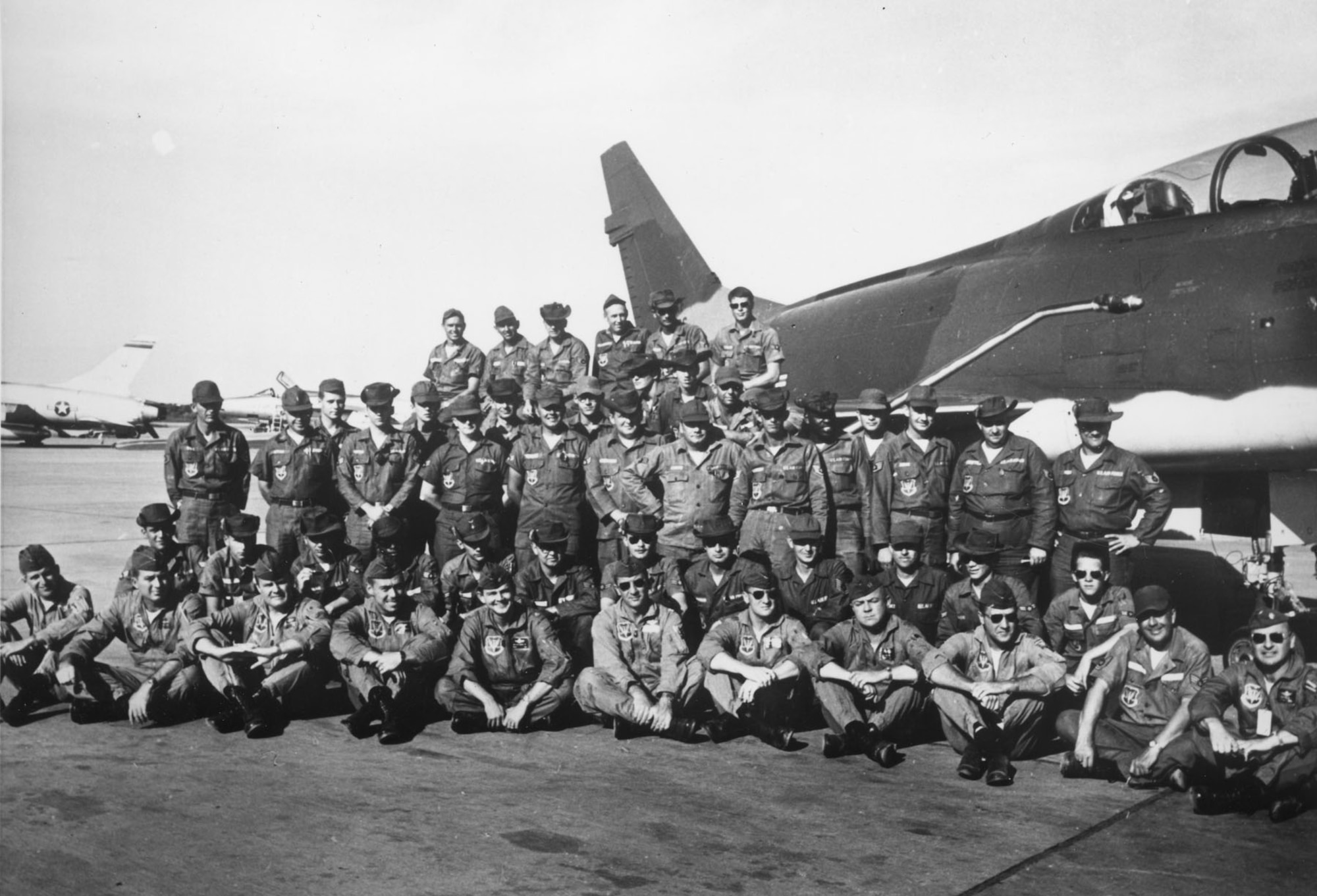 The pioneers—Wild Weasel Detachment, 6234th Tactical Fighter Wing, Korat, Thailand. The first Wild Weasel aircrews are (front, l to r): Capt. Walt Lifsey, Capt. Sandy Sandelius, Capt. Ed White, Maj. Garry Willard, Capt. Jack Donovan, Capt. Allen Lamb, Capt. John Pitchford, Capt. Maury Fricke, unknown and Maj. Bob Swartz (not pictured are Capt. Les Lindenmuth, Capt. Donald Madden and Capt. Robert Trier). (U.S. Air Force photo)