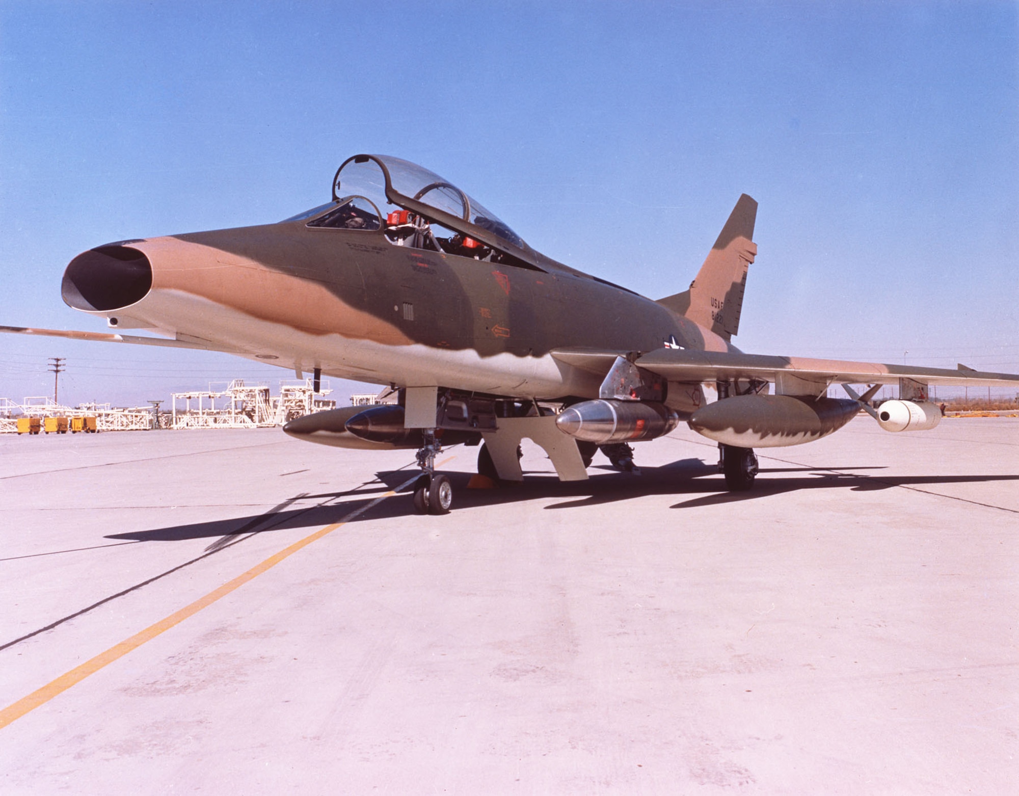 One of the F-100Fs converted to a Wild Weasel aircraft, Eglin AFB Fla., 1965. (U.S. Air Force photo)