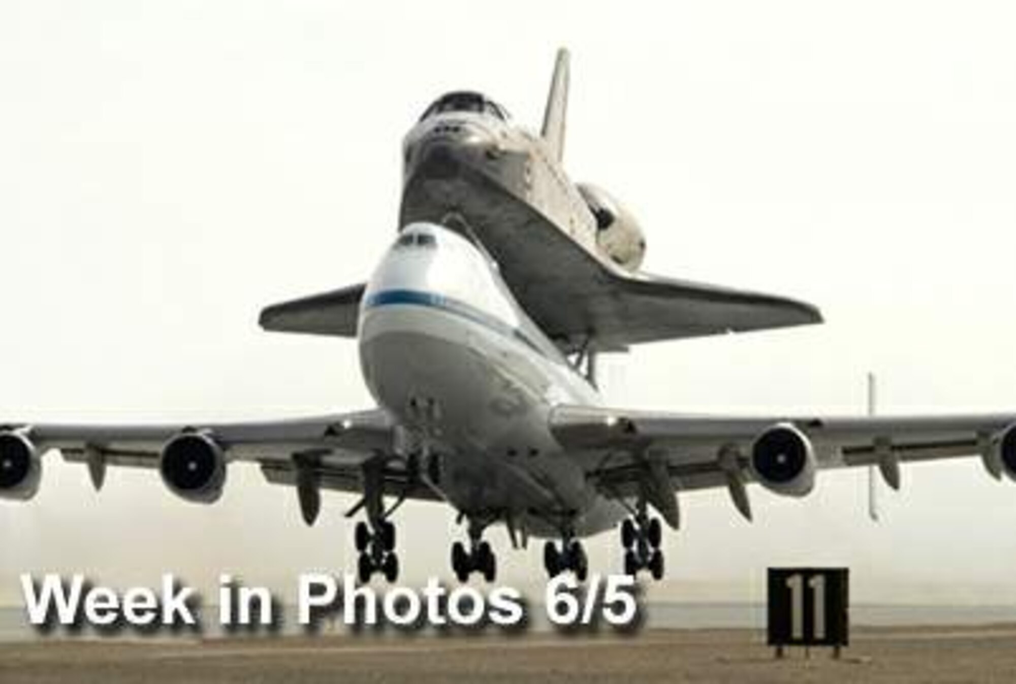 Air Force Week in Photos for June 5 highlights photos from around the Air Force. In this NASA photo, a NASA-modified Boeing 747 carries Space Shuttle Atlantis off the runway at Edwards Air Force Base, Calif., June 1 on the first leg of the ferry flight back to the Kennedy Space Center in Florida. (U.S. Air Force illustration)
