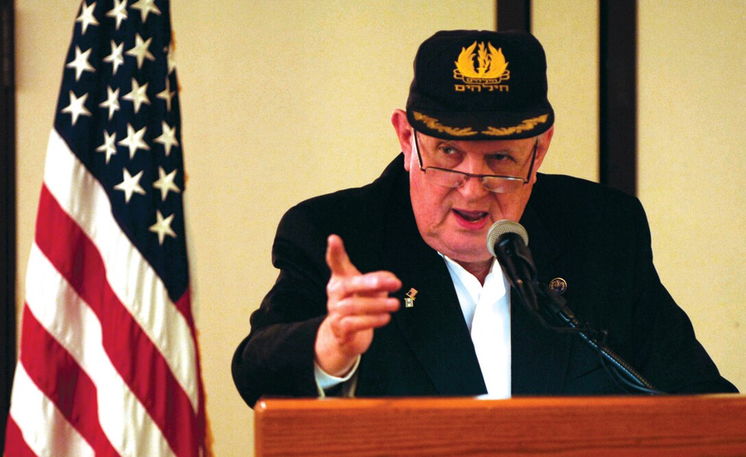 General (ret.) Aryeh Leib “Eugene” Lebovitz, Holocaust survivor, speaks during the Holocaust Memorial Luncheon held at The Club at Andrews Tuesday. General Lebovitz spoke about his experiences in concentration camps, surviving a firing squad, and being a translator for the Hungarian military. (U.S. Air Force photo/ Senior Airman Steven R. Doty)