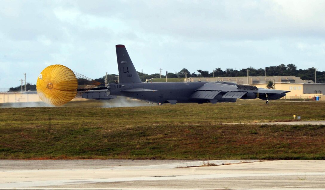 One of three B-52 Stratofortress bombers from Barksdale Air Force Base, La., lands after a 17-hour flight May 30 at Andersen Air Force Base, Guam. The bombers, assigned to the 96th Expeditionary Bomb Squadron, are here in support of the continuous bomber presence in the Western Pacific. (U.S. Air Force photo/Senior Airman Christopher Bush) 
