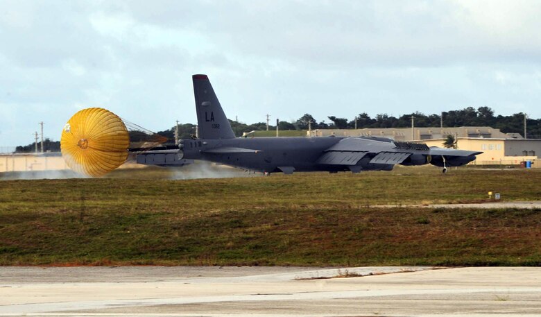 One of three B-52 Stratofortress bombers from Barksdale Air Force Base, La., lands after a 17-hour flight May 30 at Andersen Air Force Base, Guam. The bombers, assigned to the 96th Expeditionary Bomb Squadron, are here in support of the continuous bomber presence in the Western Pacific. (U.S. Air Force photo/Senior Airman Christopher Bush) 
