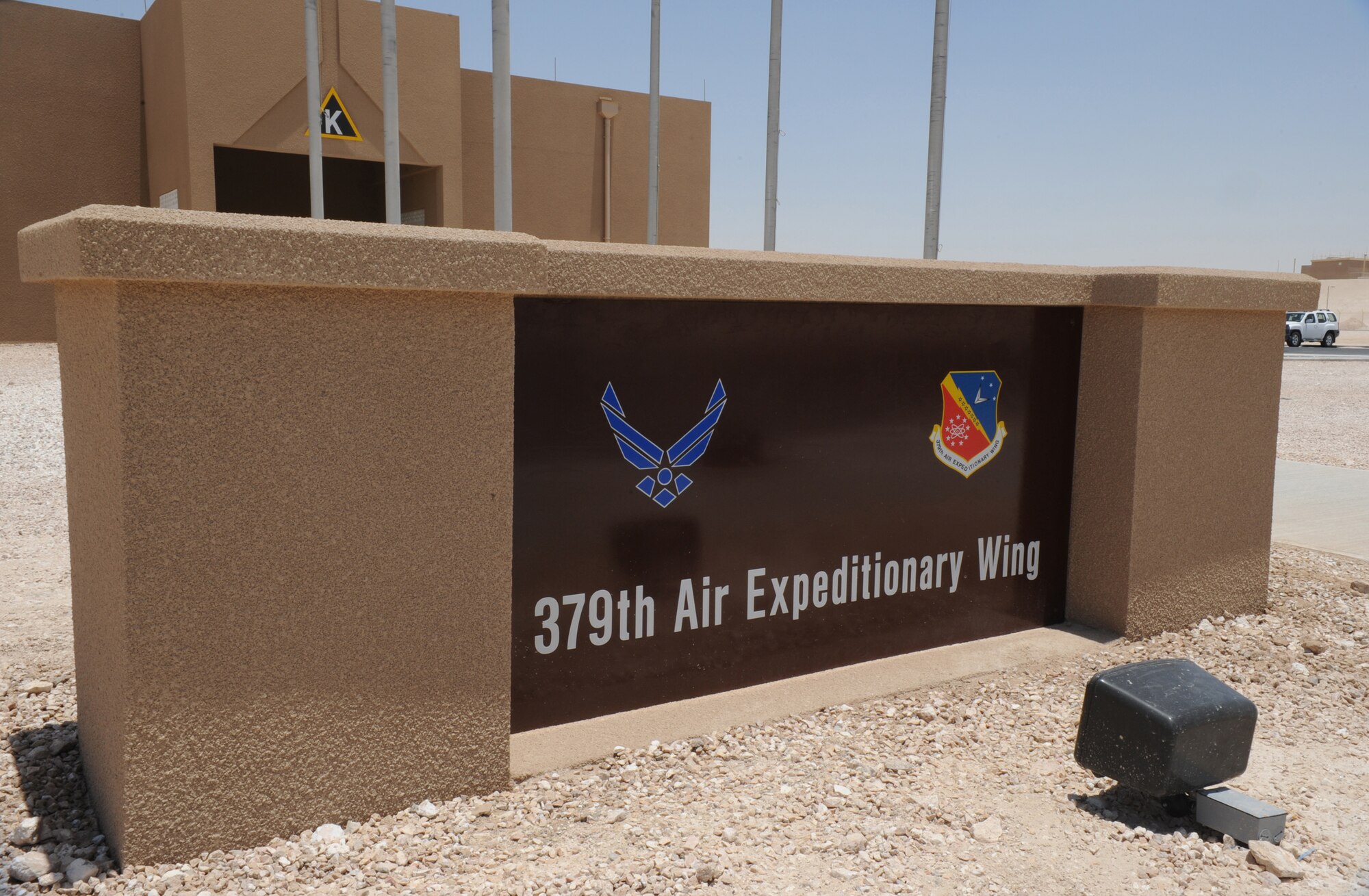 The completed 379th Air Expeditionary Wing Operations Center sign in place, June 5, 2009, at an undisclosed location in Southwest Asia.  The 379th AEW supports Operations Iraqi and Enduring Freedom and Combined Joint Task Force - Horn of Africa.  (U.S. Air Force photo/Senior Airman Andrew Satran/released)