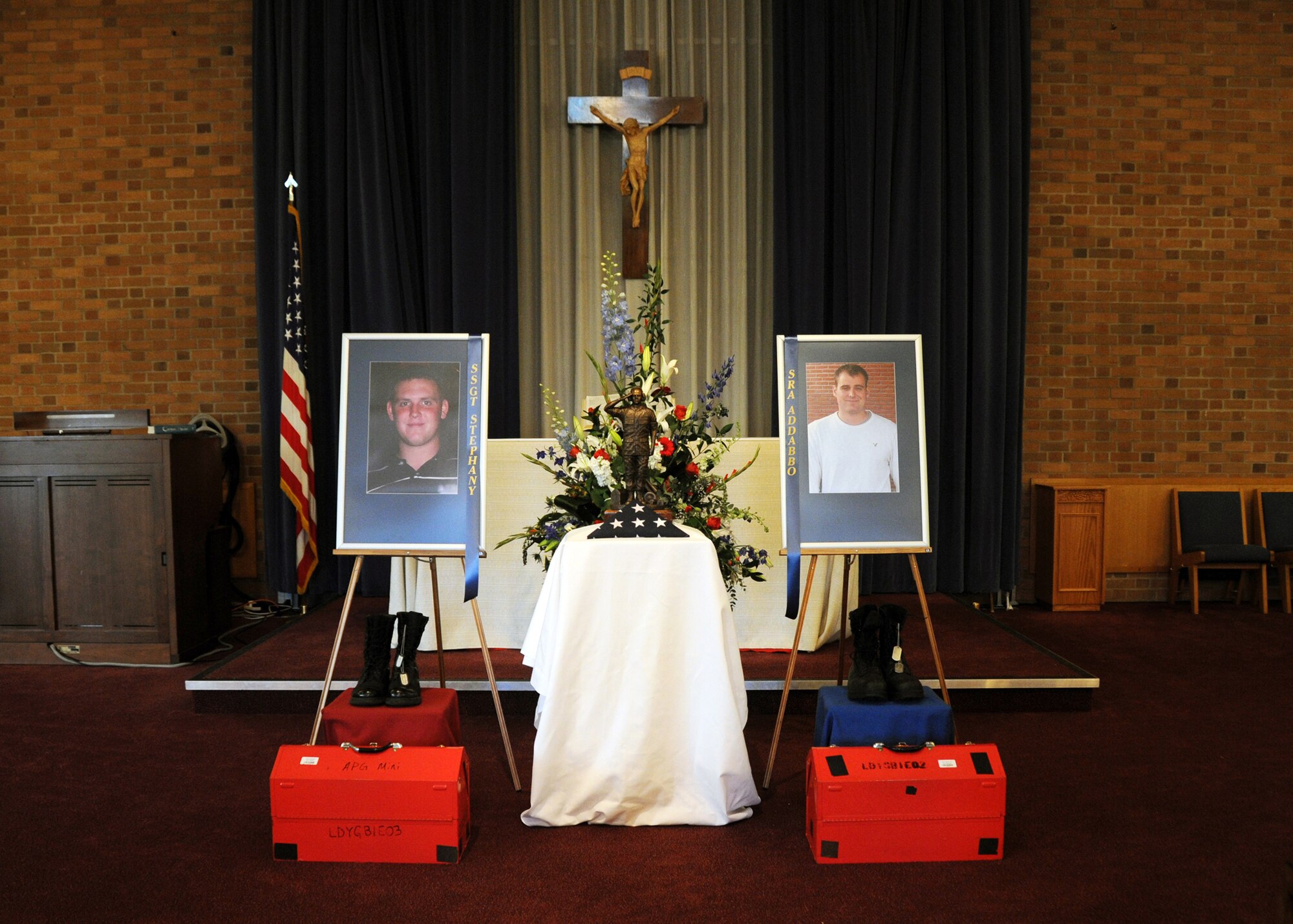 A display created by the 48th Aircraft Maintenance Squadron for the memorial service of Staff Sgt. Mark Stephany and Senior Airman Daniel Addabbo at the RAF Lakenheath Chapel June 5, 2009. Sergeant Stephany and Airman Addabbo lost their lives in a vehicle accident May 30. (U.S. Air Force photo by Senior Airman Kristopher Levasseur) 