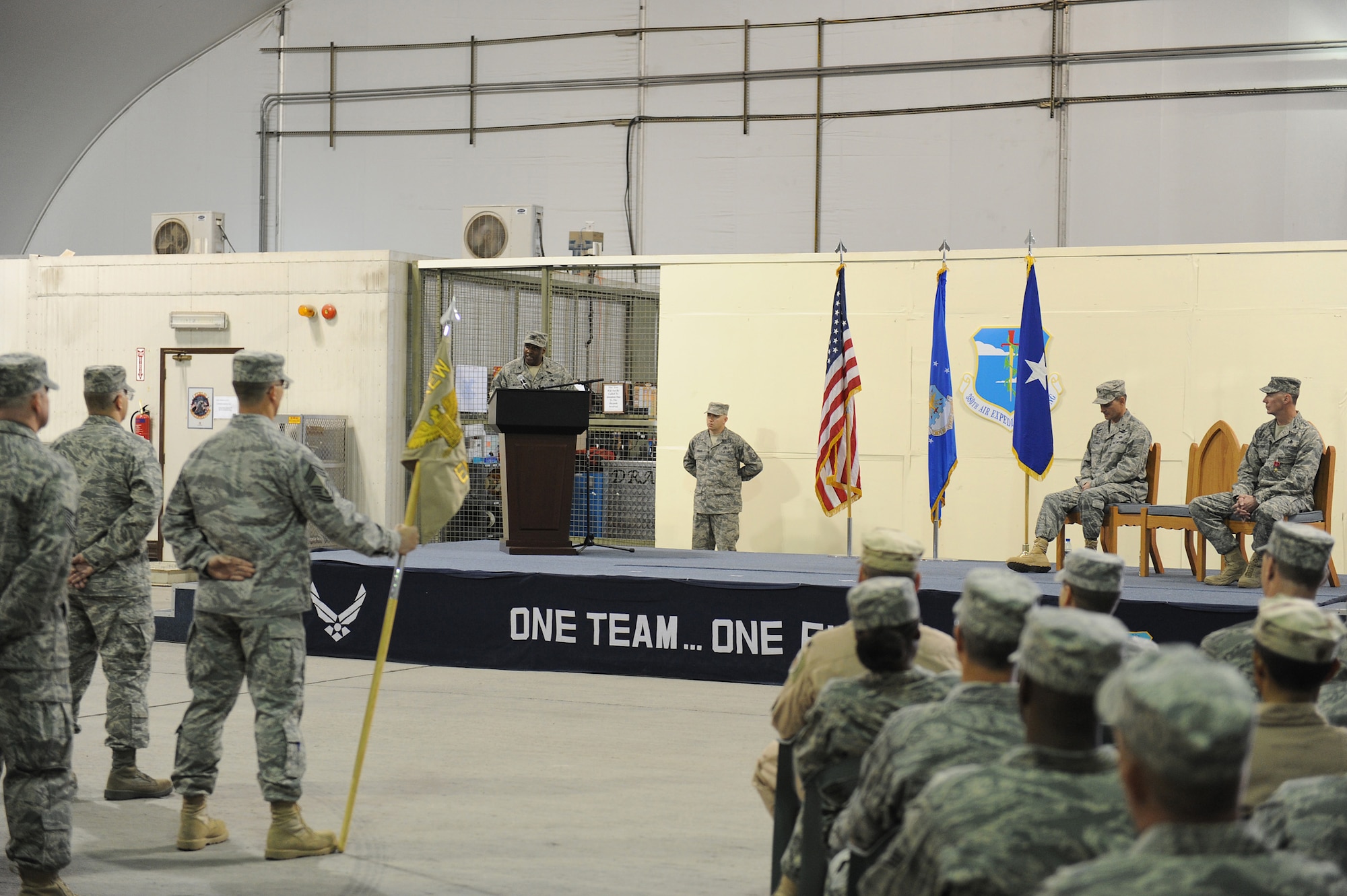SOUTHWEST ASIA - Col. Ricky Murphy, Commander, 380th Expeditionary Maintenance Group, makes his first speech to Airmen of the 380th EMXG and 380th Air Expeditionary Wing after accepting command during a ceremony, June 5 at an undisclosed location in Southwest Asia. Colonel Murphy comes from the Pentagon as the Logistics Panel Chairman joining the 380th Air Expeditionary Wing to lead the 380th EMXG. (U.S. Air Force photo by Senior Airman Brian J. Ellis) (Released)