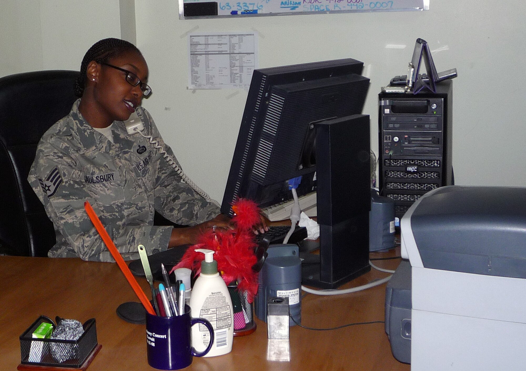 SOUTHWEST ASIA -- Staff Sgt. Shayla Denise Saulsbury, 386th Expeditionary Force Support Squadron Customer Service NCOIC, is deployed from the 72nd Force Support Squadron at Tinker Air Force Base, Okla. (U.S. Air Force courtesy photo)