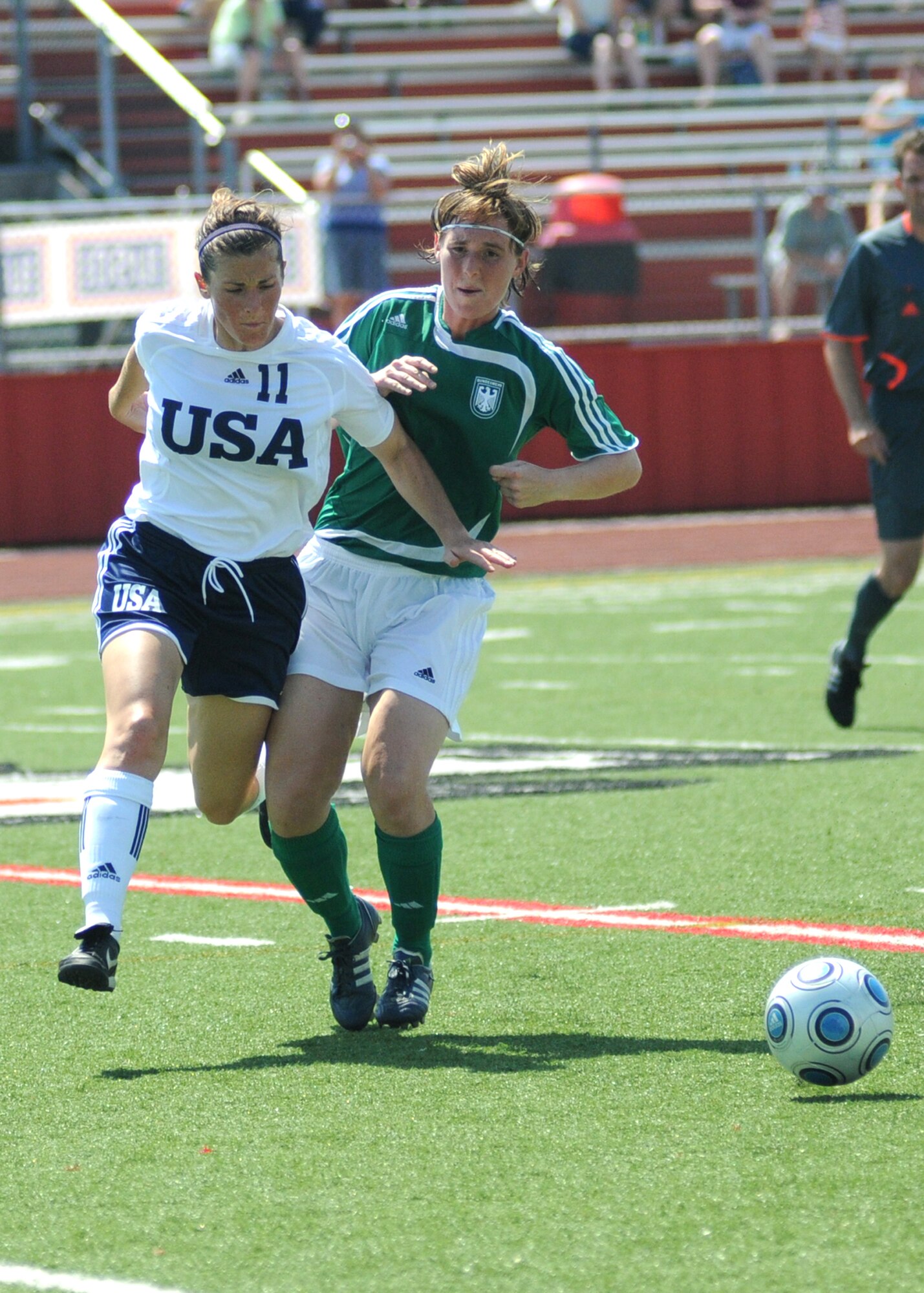 The United States and Germany compete during the 5th CISM Women’s Soccer Championship at Biloxi High School Stadium 6 June.  The CISM tournament, hosted by Keesler Air Force Base, includes teams from Brazil, Canada, France, Germany, The Netherlands, The Republic of South Korea and the United States.  Matches are being held June 6 to 13, with the Gold match June 13 at 2 p.m.  Organizers say the tournament gives teams and people who attend a chance to develop bonds and life-long friendships between the countries and a chance to learn about one another’s cultural similarities and differences.  (U.S. Air Force photo by Kemberly Groue)