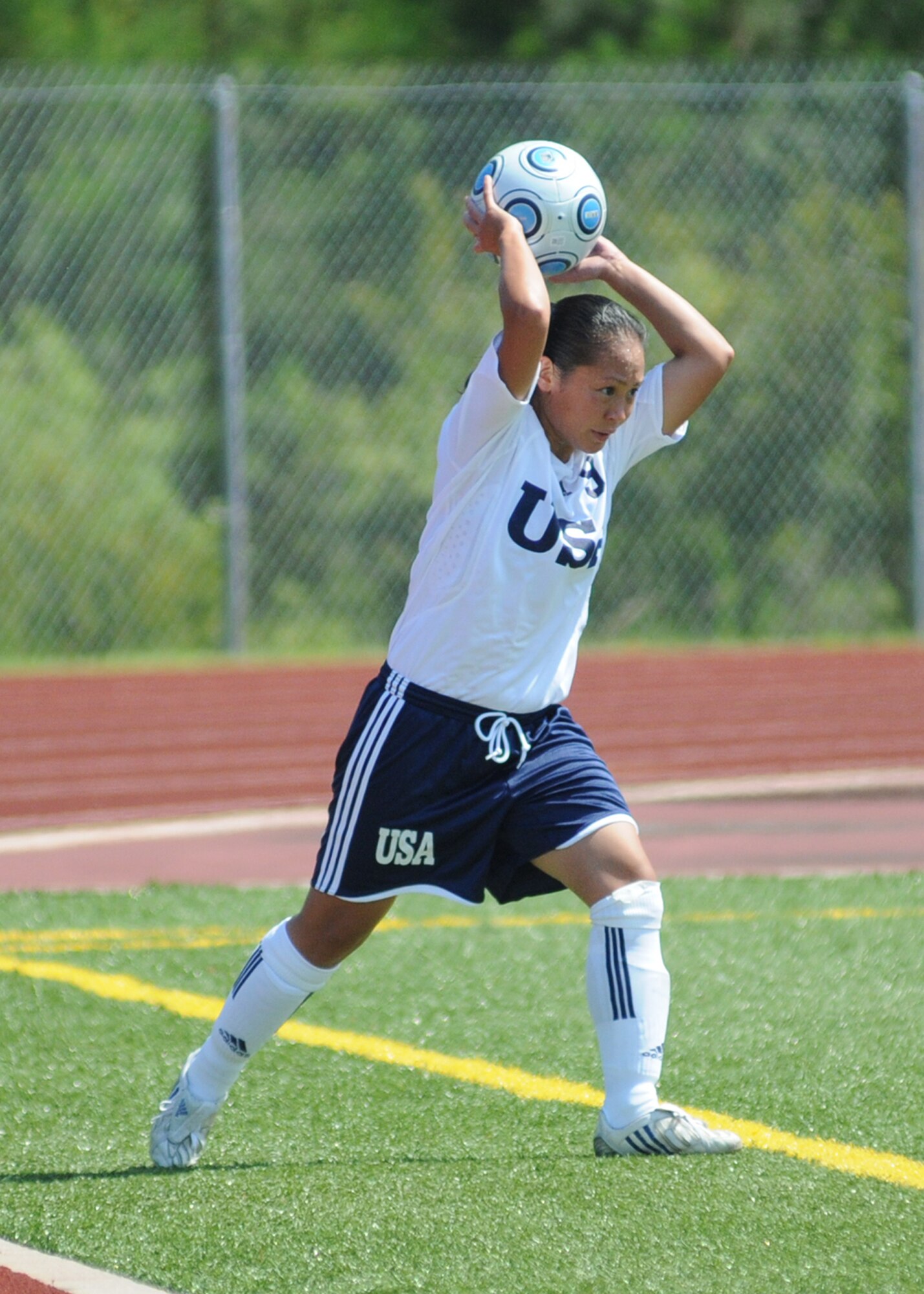 The United States and Germany compete during the 5th CISM Women’s Soccer Championship at Biloxi High School Stadium 6 June.  The CISM tournament, hosted by Keesler Air Force Base, includes teams from Brazil, Canada, France, Germany, The Netherlands, The Republic of South Korea and the United States.  Matches are being held June 6 to 13, with the Gold match June 13 at 2 p.m.  Organizers say the tournament gives teams and people who attend a chance to develop bonds and life-long friendships between the countries and a chance to learn about one another’s cultural similarities and differences.  (U.S. Air Force photo by Kemberly Groue)
