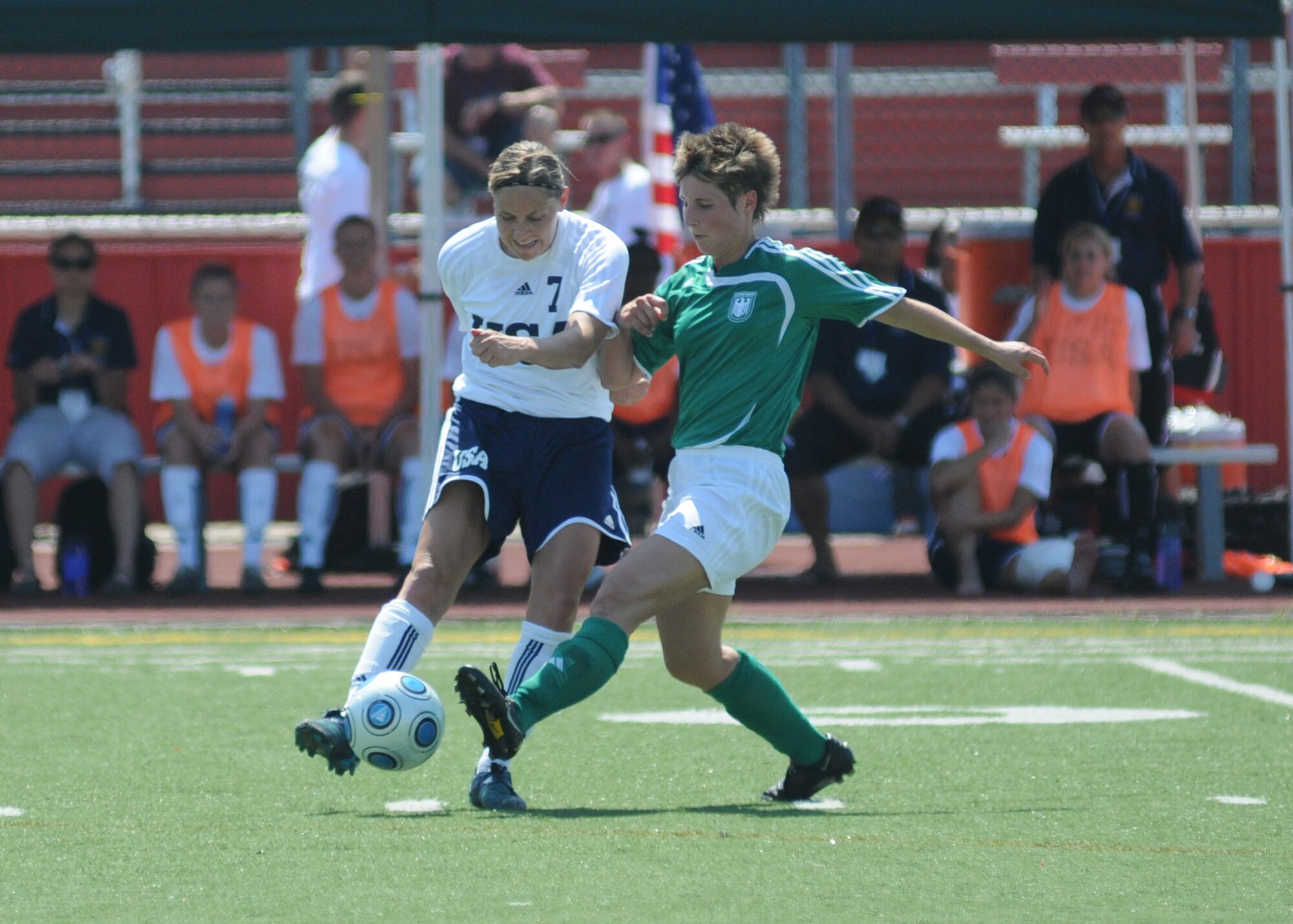The United States and Germany compete during the 5th CISM Women’s Soccer Championship at Biloxi High School Stadium 6 June.  The CISM tournament, hosted by Keesler Air Force Base, includes teams from Brazil, Canada, France, Germany, The Netherlands, The Republic of South Korea and the United States.  Matches are being held June 6 to 13, with the Gold match June 13 at 2 p.m.  Organizers say the tournament gives teams and people who attend a chance to develop bonds and life-long friendships between the countries and a chance to learn about one another’s cultural similarities and differences.  (U.S. Air Force photo by Kemberly Groue)