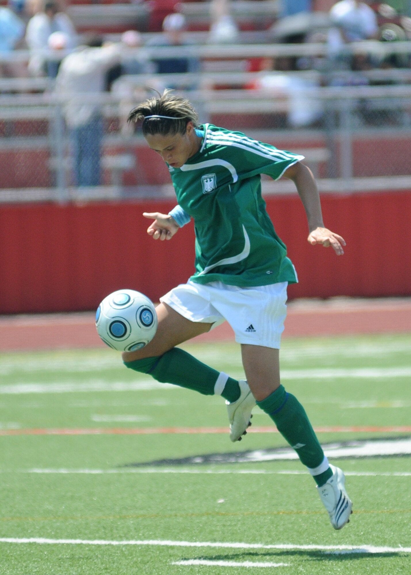 The United States and Germany compete during the 5th CISM Women’s Soccer Championship at Biloxi High School Stadium 6 June.  The CISM tournament, hosted by Keesler Air Force Base, includes teams from Brazil, Canada, France, Germany, The Netherlands, The Republic of South Korea and the United States.  Matches are being held June 6 to 13, with the Gold match June 13 at 2 p.m.  Organizers say the tournament gives teams and people who attend a chance to develop bonds and life-long friendships between the countries and a chance to learn about one another’s cultural similarities and differences.  (U.S. Air Force photo by Kemberly Groue)