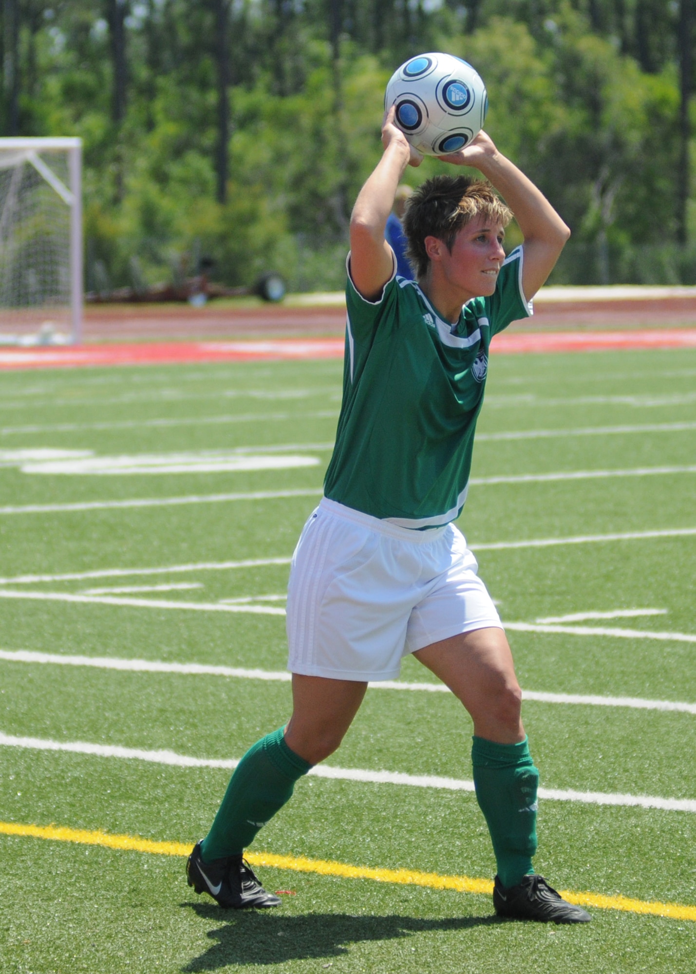The United States and Germany compete during the 5th CISM Women’s Soccer Championship at Biloxi High School Stadium 6 June.  The CISM tournament, hosted by Keesler Air Force Base, includes teams from Brazil, Canada, France, Germany, The Netherlands, The Republic of South Korea and the United States.  Matches are being held June 6 to 13, with the Gold match June 13 at 2 p.m.  Organizers say the tournament gives teams and people who attend a chance to develop bonds and life-long friendships between the countries and a chance to learn about one another’s cultural similarities and differences.  (U.S. Air Force photo by Kemberly Groue)