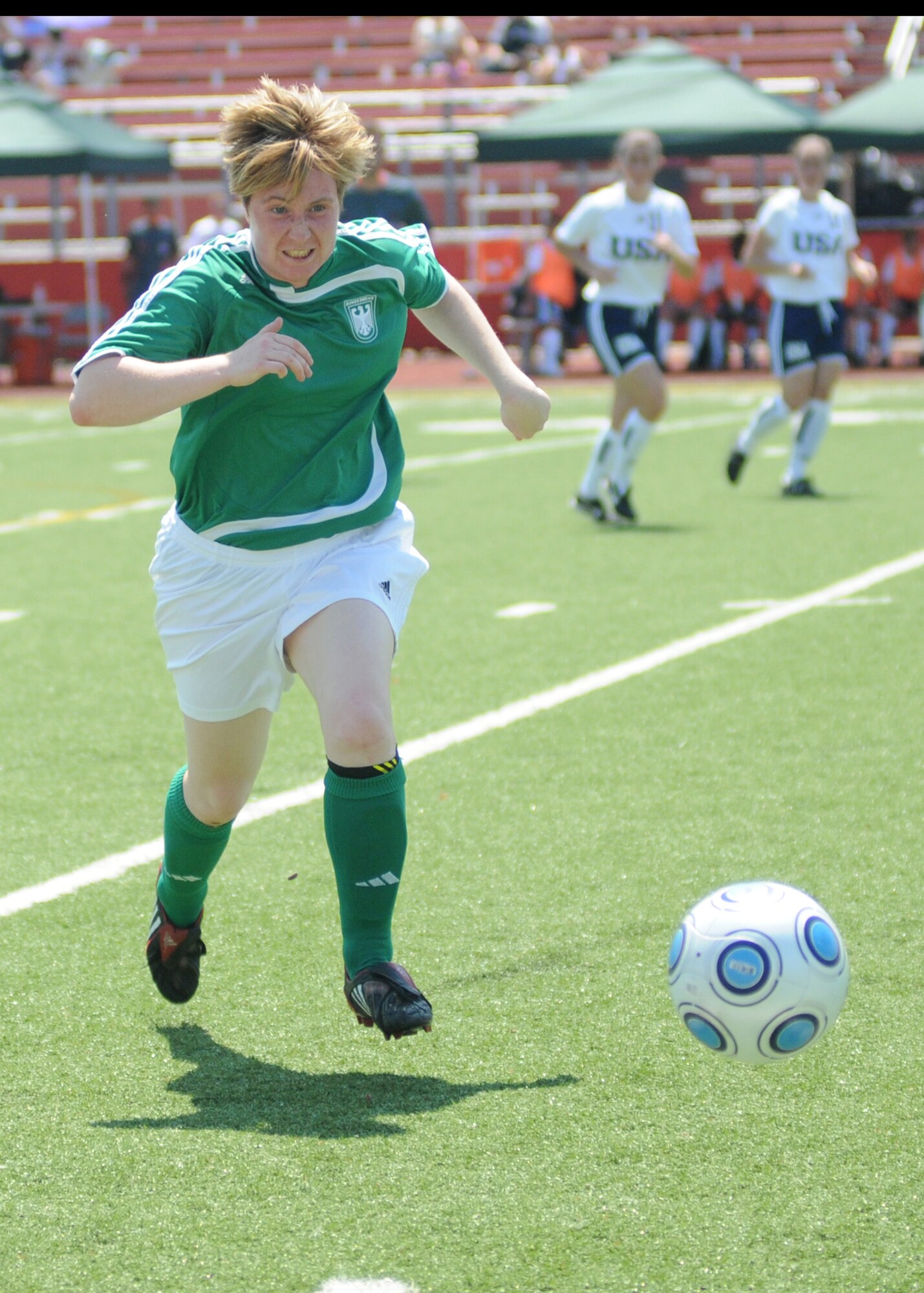 The United States and Germany compete during the 5th CISM Women’s Soccer Championship at Biloxi High School Stadium 6 June.  The CISM tournament, hosted by Keesler Air Force Base, includes teams from Brazil, Canada, France, Germany, The Netherlands, The Republic of South Korea and the United States.  Matches are being held June 6 to 13, with the Gold match June 13 at 2 p.m.  Organizers say the tournament gives teams and people who attend a chance to develop bonds and life-long friendships between the countries and a chance to learn about one another’s cultural similarities and differences.  (U.S. Air Force photo by Kemberly Groue)