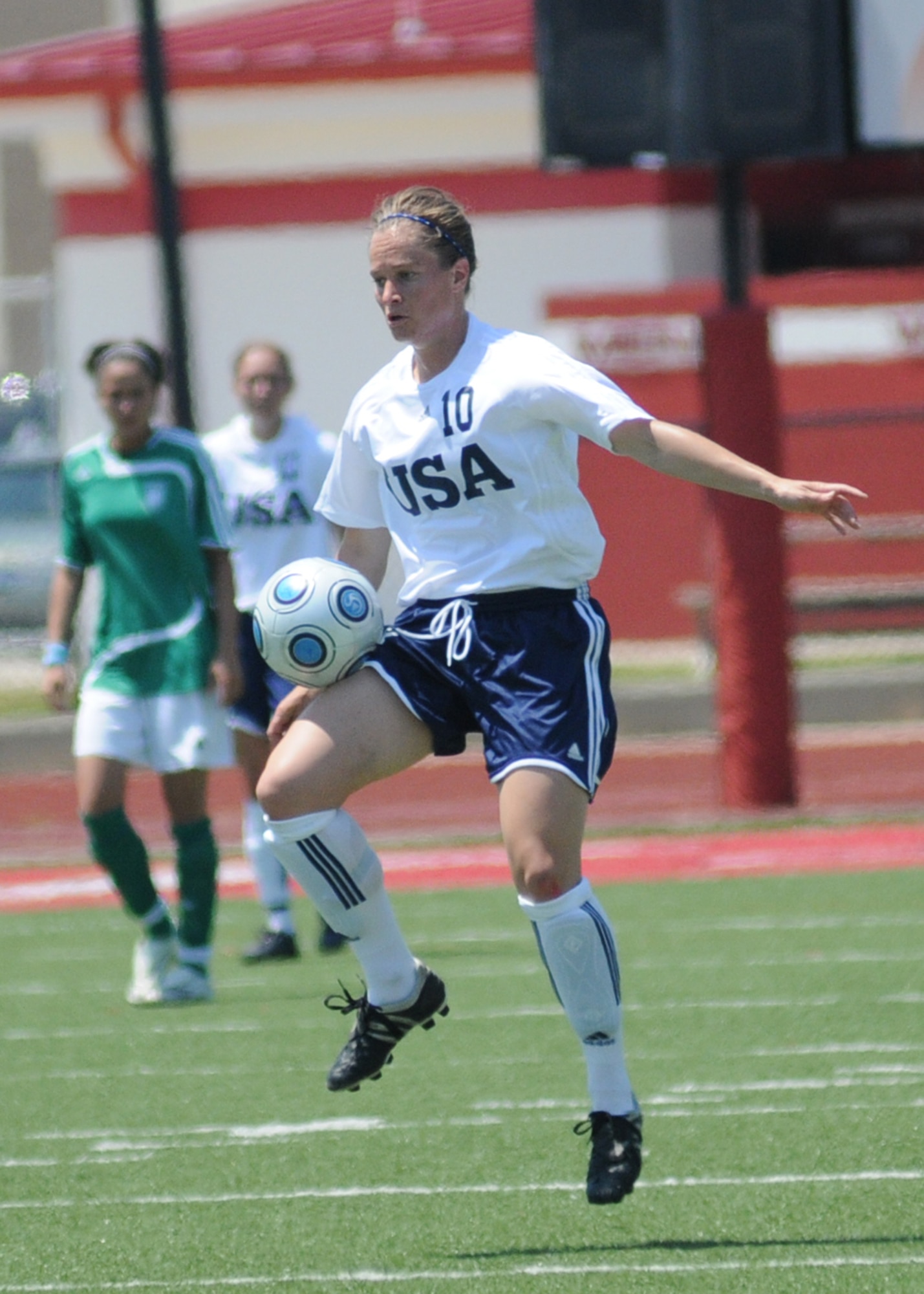 The United States and Germany compete during the 5th CISM Women’s Soccer Championship at Biloxi High School Stadium 6 June.  The CISM tournament, hosted by Keesler Air Force Base, includes teams from Brazil, Canada, France, Germany, The Netherlands, The Republic of South Korea and the United States.  Matches are being held June 6 to 13, with the Gold match June 13 at 2 p.m.  Organizers say the tournament gives teams and people who attend a chance to develop bonds and life-long friendships between the countries and a chance to learn about one another’s cultural similarities and differences.  (U.S. Air Force photo by Kemberly Groue)