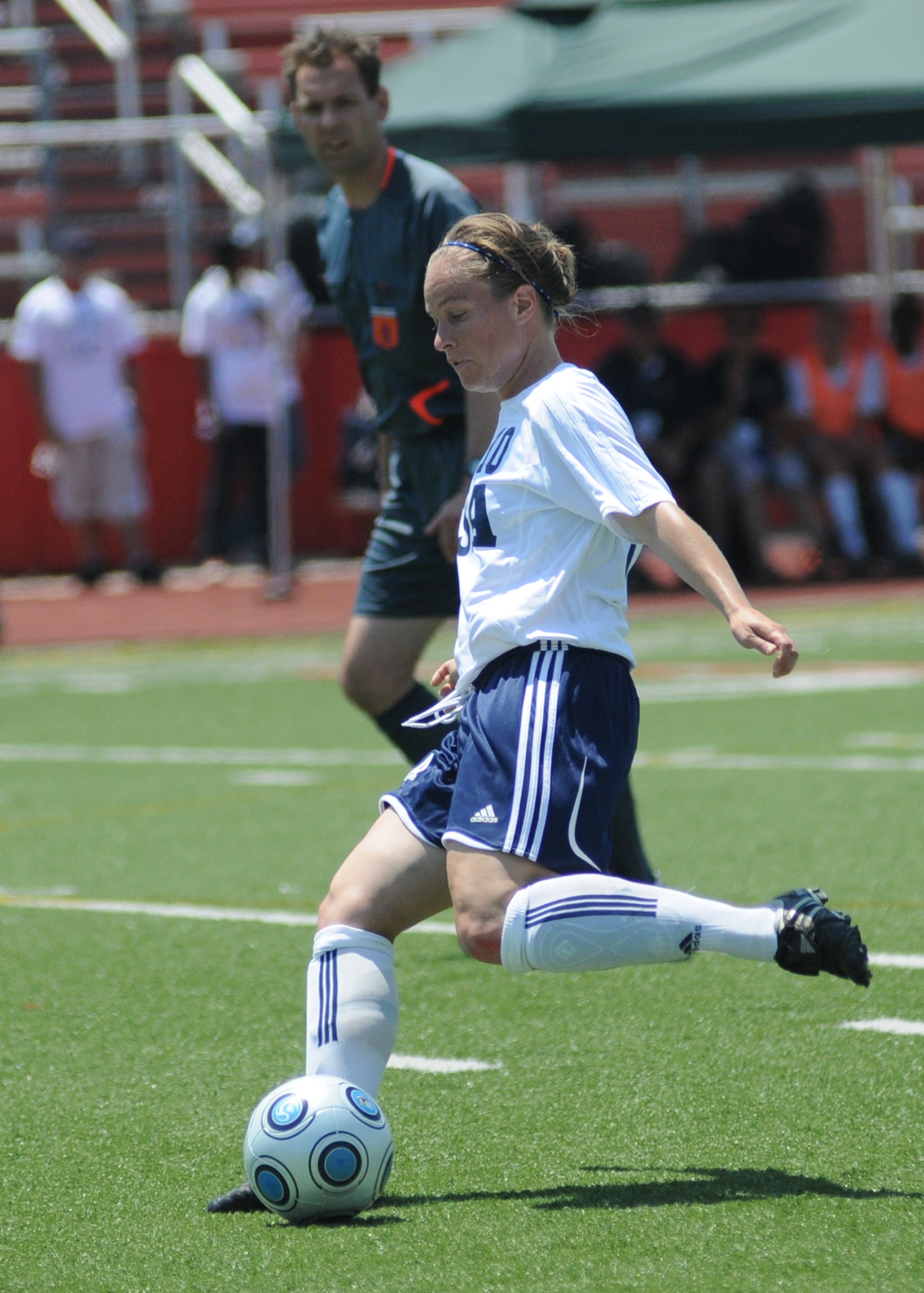 The United States and Germany compete during the 5th CISM Women’s Soccer Championship at Biloxi High School Stadium 6 June.  The CISM tournament, hosted by Keesler Air Force Base, includes teams from Brazil, Canada, France, Germany, The Netherlands, The Republic of South Korea and the United States.  Matches are being held June 6 to 13, with the Gold match June 13 at 2 p.m.  Organizers say the tournament gives teams and people who attend a chance to develop bonds and life-long friendships between the countries and a chance to learn about one another’s cultural similarities and differences.  (U.S. Air Force photo by Kemberly Groue)