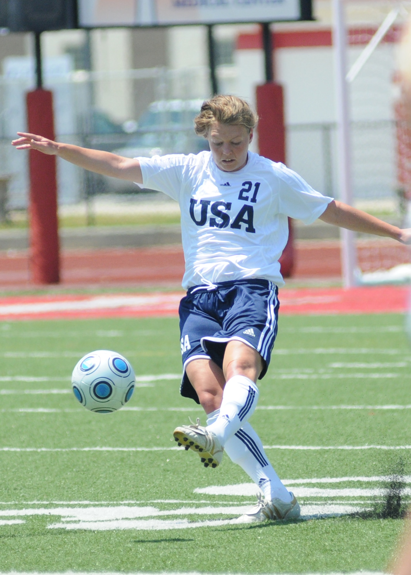 The United States and Germany compete during the 5th CISM Women’s Soccer Championship at Biloxi High School Stadium 6 June.  The CISM tournament, hosted by Keesler Air Force Base, includes teams from Brazil, Canada, France, Germany, The Netherlands, The Republic of South Korea and the United States.  Matches are being held June 6 to 13, with the Gold match June 13 at 2 p.m.  Organizers say the tournament gives teams and people who attend a chance to develop bonds and life-long friendships between the countries and a chance to learn about one another’s cultural similarities and differences.  (U.S. Air Force photo by Kemberly Groue)
