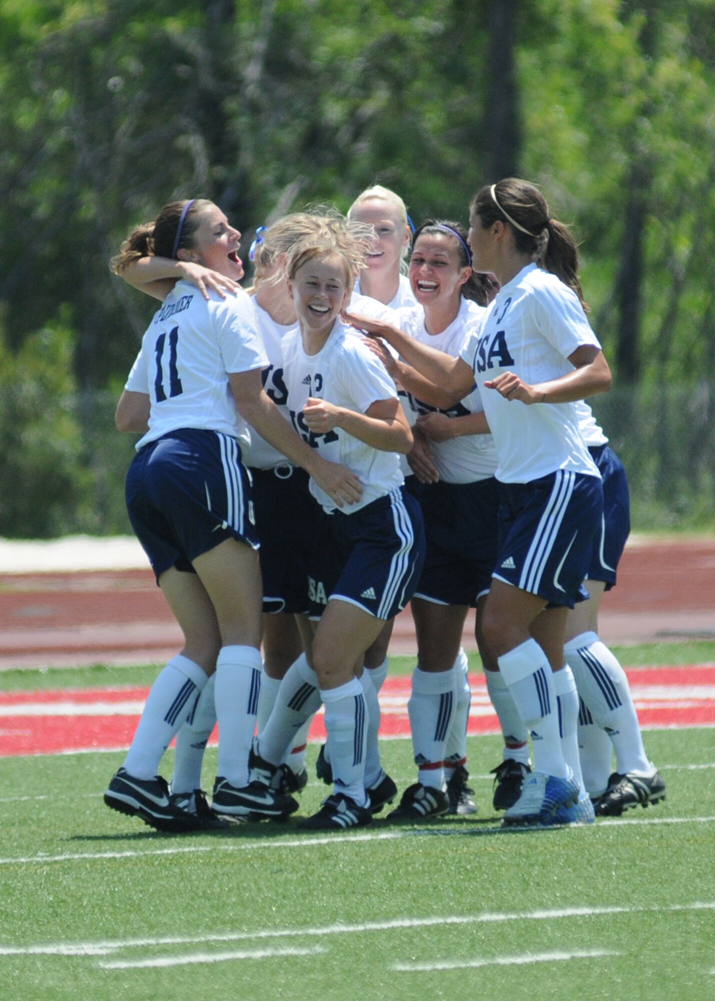 The United States and Germany compete during the 5th CISM Women’s Soccer Championship at Biloxi High School Stadium 6 June.  The CISM tournament, hosted by Keesler Air Force Base, includes teams from Brazil, Canada, France, Germany, The Netherlands, The Republic of South Korea and the United States.  Matches are being held June 6 to 13, with the Gold match June 13 at 2 p.m.  Organizers say the tournament gives teams and people who attend a chance to develop bonds and life-long friendships between the countries and a chance to learn about one another’s cultural similarities and differences.  (U.S. Air Force photo by Kemberly Groue)
