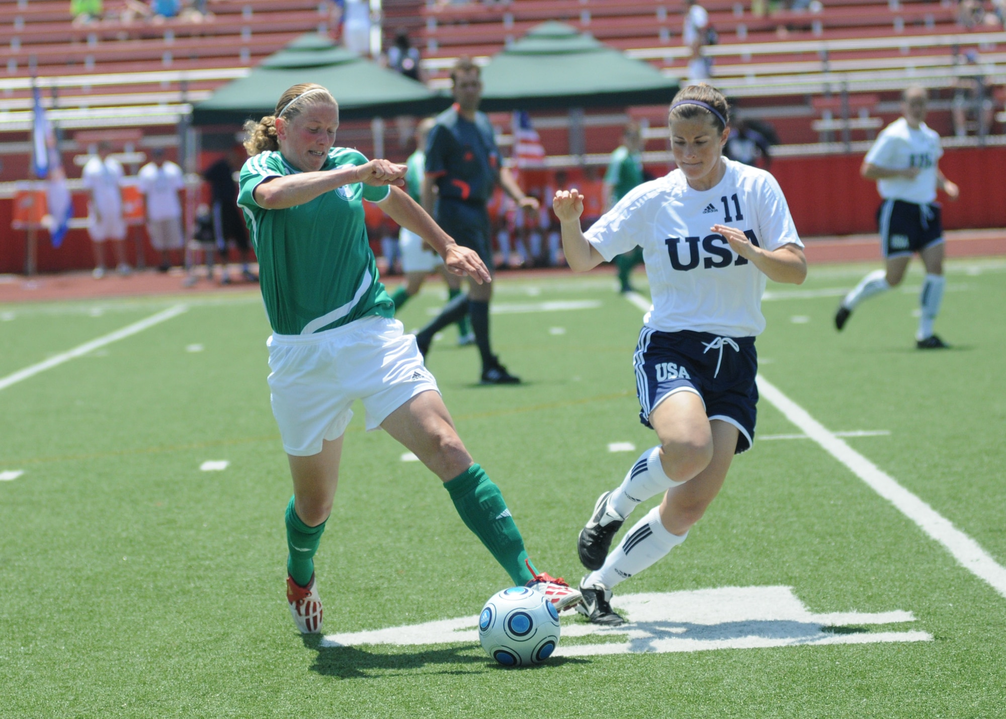 The United States and Germany compete during the 5th CISM Women’s Soccer Championship at Biloxi High School Stadium 6 June.  The CISM tournament, hosted by Keesler Air Force Base, includes teams from Brazil, Canada, France, Germany, The Netherlands, The Republic of South Korea and the United States.  Matches are being held June 6 to 13, with the Gold match June 13 at 2 p.m.  Organizers say the tournament gives teams and people who attend a chance to develop bonds and life-long friendships between the countries and a chance to learn about one another’s cultural similarities and differences.  (U.S. Air Force photo by Kemberly Groue)