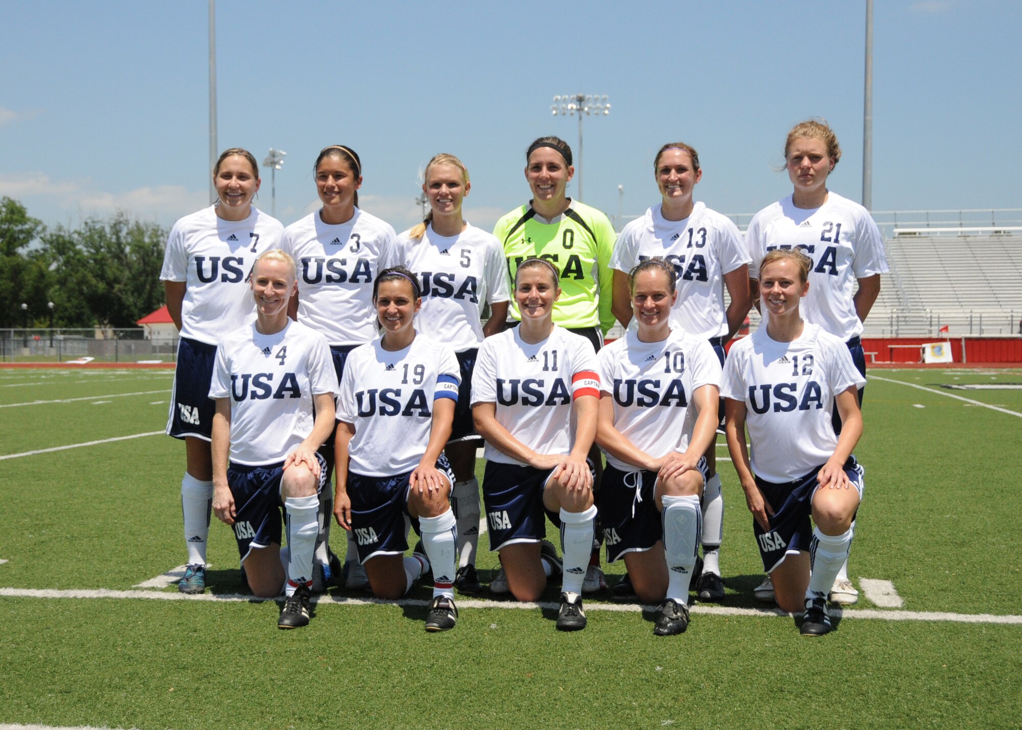 The United States and Germany compete during the 5th CISM Women’s Soccer Championship at Biloxi High School Stadium 6 June.  The CISM tournament, hosted by Keesler Air Force Base, includes teams from Brazil, Canada, France, Germany, The Netherlands, The Republic of South Korea and the United States.  Matches are being held June 6 to 13, with the Gold match June 13 at 2 p.m.  Organizers say the tournament gives teams and people who attend a chance to develop bonds and life-long friendships between the countries and a chance to learn about one another’s cultural similarities and differences.  (U.S. Air Force photo by Kemberly Groue)