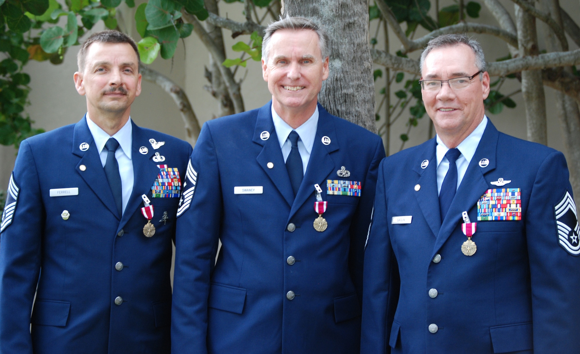 PATRICK AIR FORCE BASE, Fla. - Three Air Force Reserve Chief Master Sergeants with the 920th Rescue Wing here closed a chapter on their military careers during a ceremony at the Base Theater June 7. Chief Master Sgts. Bill Gatlin, Ewing Swaney, and Charles Ferrell will retire with 101 years of collective military experience between them.  Chief Gatlin will retire with 33 years of service as a standards and evaluations loadmaster.  Chief Swaney will retire with 33 years as a first sergeant for the maintenance squadron.  And Chief Ferrel will retire with 35 years as a pararescuemen. (U.S. Air Force Photo/MSgt Bryan Ripple)
