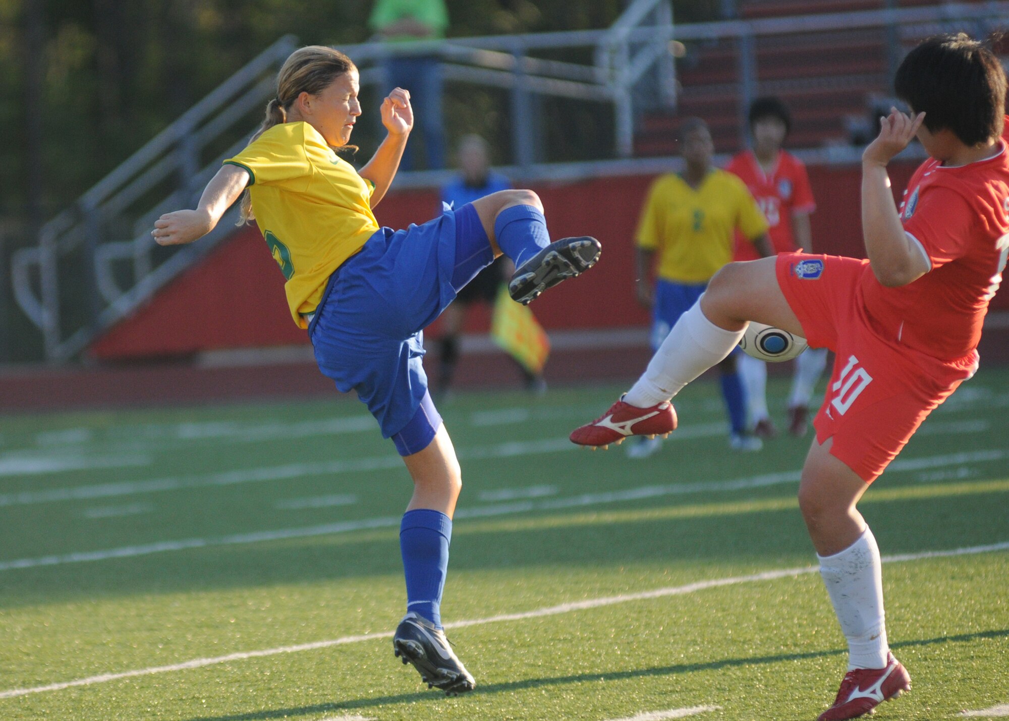 Brazil and The Republic of South Korea compete during the 5th CISM Women’s Soccer Championship at Biloxi High School Stadium 6 June.  The CISM tournament, hosted by Keesler Air Force Base, includes teams from Brazil, Canada, France, Germany, The Netherlands, The Republic of South Korea and the United States.  Matches are being held June 6 to 13, with the Gold match June 13 at 2 p.m.  Organizers say the tournament gives teams and people who attend a chance to develop bonds and life-long friendships between the countries and a chance to learn about one another’s cultural similarities and differences.  (U.S. Air Force photo by Kemberly Groue)