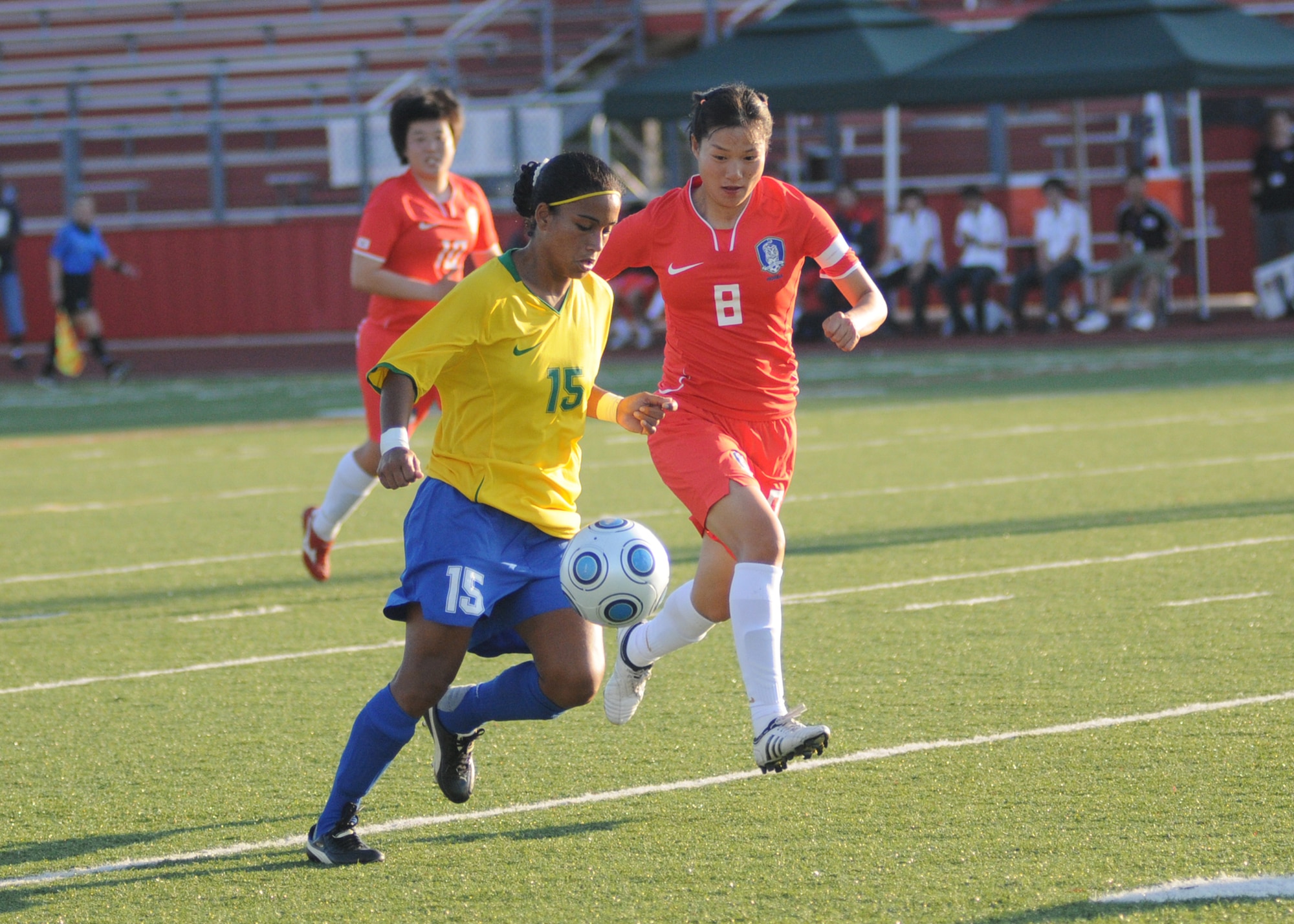 Brazil and The Republic of South Korea compete during the 5th CISM Women’s Soccer Championship at Biloxi High School Stadium 6 June.  The CISM tournament, hosted by Keesler Air Force Base, includes teams from Brazil, Canada, France, Germany, The Netherlands, The Republic of South Korea and the United States.  Matches are being held June 6 to 13, with the Gold match June 13 at 2 p.m.  Organizers say the tournament gives teams and people who attend a chance to develop bonds and life-long friendships between the countries and a chance to learn about one another’s cultural similarities and differences.  (U.S. Air Force photo by Kemberly Groue)