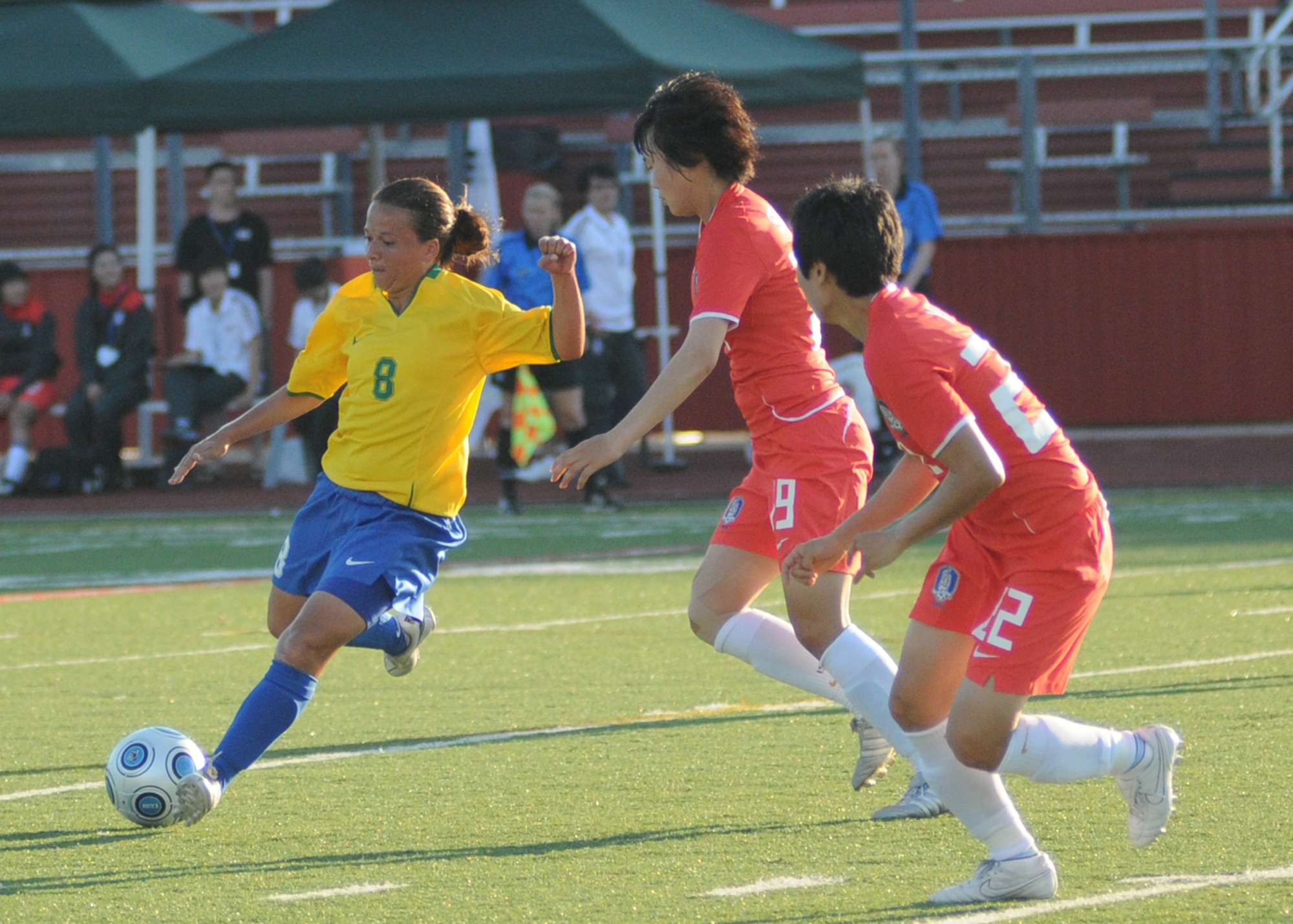 Brazil and The Republic of South Korea compete during the 5th CISM Women’s Soccer Championship at Biloxi High School Stadium 6 June.  The CISM tournament, hosted by Keesler Air Force Base, includes teams from Brazil, Canada, France, Germany, The Netherlands, The Republic of South Korea and the United States.  Matches are being held June 6 to 13, with the Gold match June 13 at 2 p.m.  Organizers say the tournament gives teams and people who attend a chance to develop bonds and life-long friendships between the countries and a chance to learn about one another’s cultural similarities and differences.  (U.S. Air Force photo by Kemberly Groue)