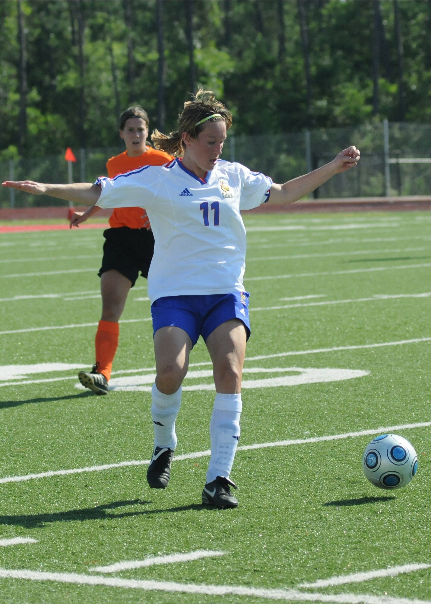 The Netherlands and France compete during the 5th CISM Women’s Soccer Championship at Biloxi High School Stadium 6 June.  The CISM tournament, hosted by Keesler Air Force Base, includes teams from Brazil, Canada, France, Germany, The Netherlands, The Republic of South Korea and the United States.  Matches are being held June 6 to 13, with the Gold match June 13 at 2 p.m.  Organizers say the tournament gives teams and people who attend a chance to develop bonds and life-long friendships between the countries and a chance to learn about one another’s cultural similarities and differences.  (U.S. Air Force photo by Kemberly Groue)