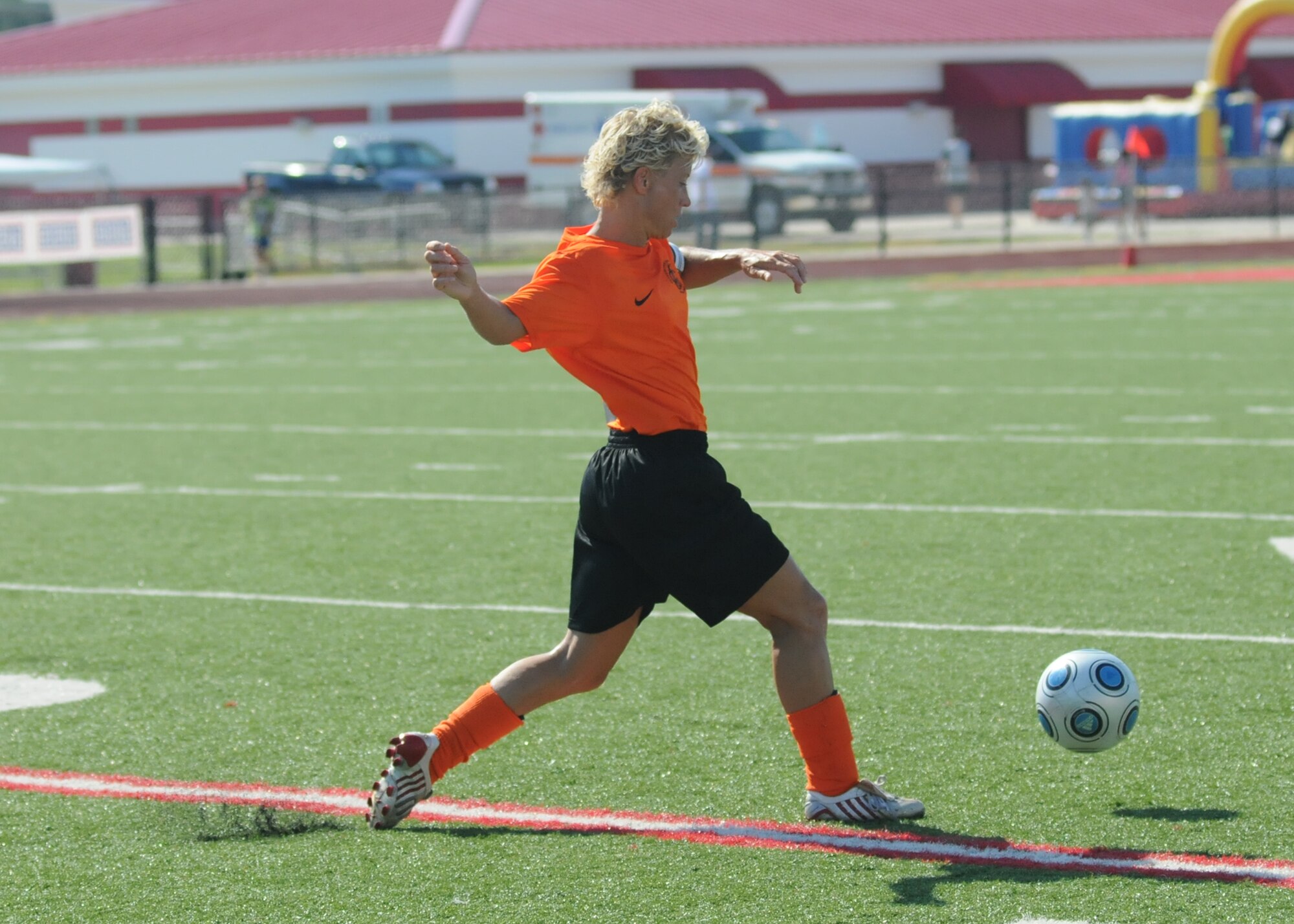 The Netherlands and France compete during the 5th CISM Women’s Soccer Championship at Biloxi High School Stadium 6 June.  The CISM tournament, hosted by Keesler Air Force Base, includes teams from Brazil, Canada, France, Germany, The Netherlands, The Republic of South Korea and the United States.  Matches are being held June 6 to 13, with the Gold match June 13 at 2 p.m.  Organizers say the tournament gives teams and people who attend a chance to develop bonds and life-long friendships between the countries and a chance to learn about one another’s cultural similarities and differences.  (U.S. Air Force photo by Kemberly Groue)