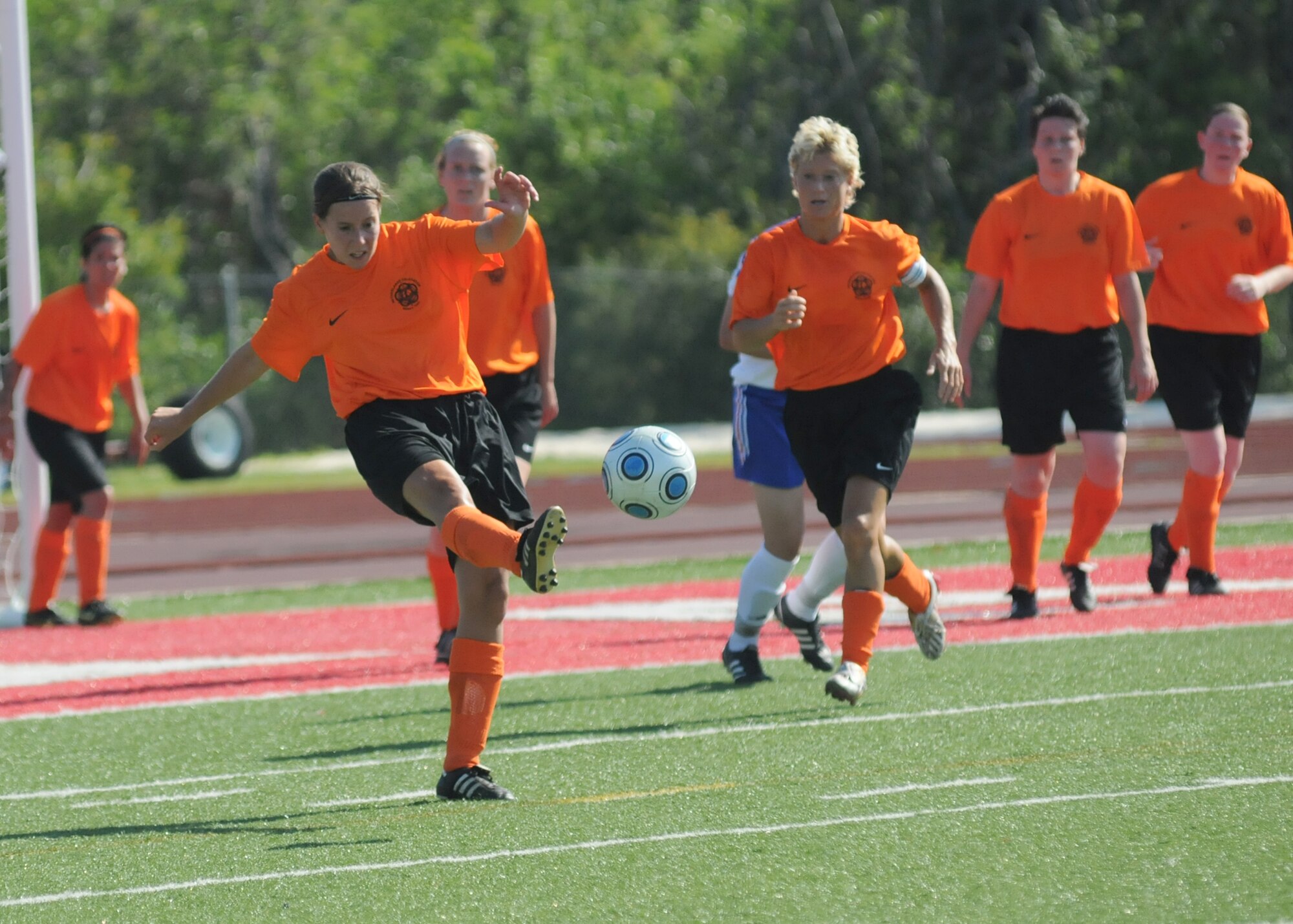 The Netherlands and France compete during the 5th CISM Women’s Soccer Championship at Biloxi High School Stadium 6 June.  The CISM tournament, hosted by Keesler Air Force Base, includes teams from Brazil, Canada, France, Germany, The Netherlands, The Republic of South Korea and the United States.  Matches are being held June 6 to 13, with the Gold match June 13 at 2 p.m.  Organizers say the tournament gives teams and people who attend a chance to develop bonds and life-long friendships between the countries and a chance to learn about one another’s cultural similarities and differences.  (U.S. Air Force photo by Kemberly Groue)