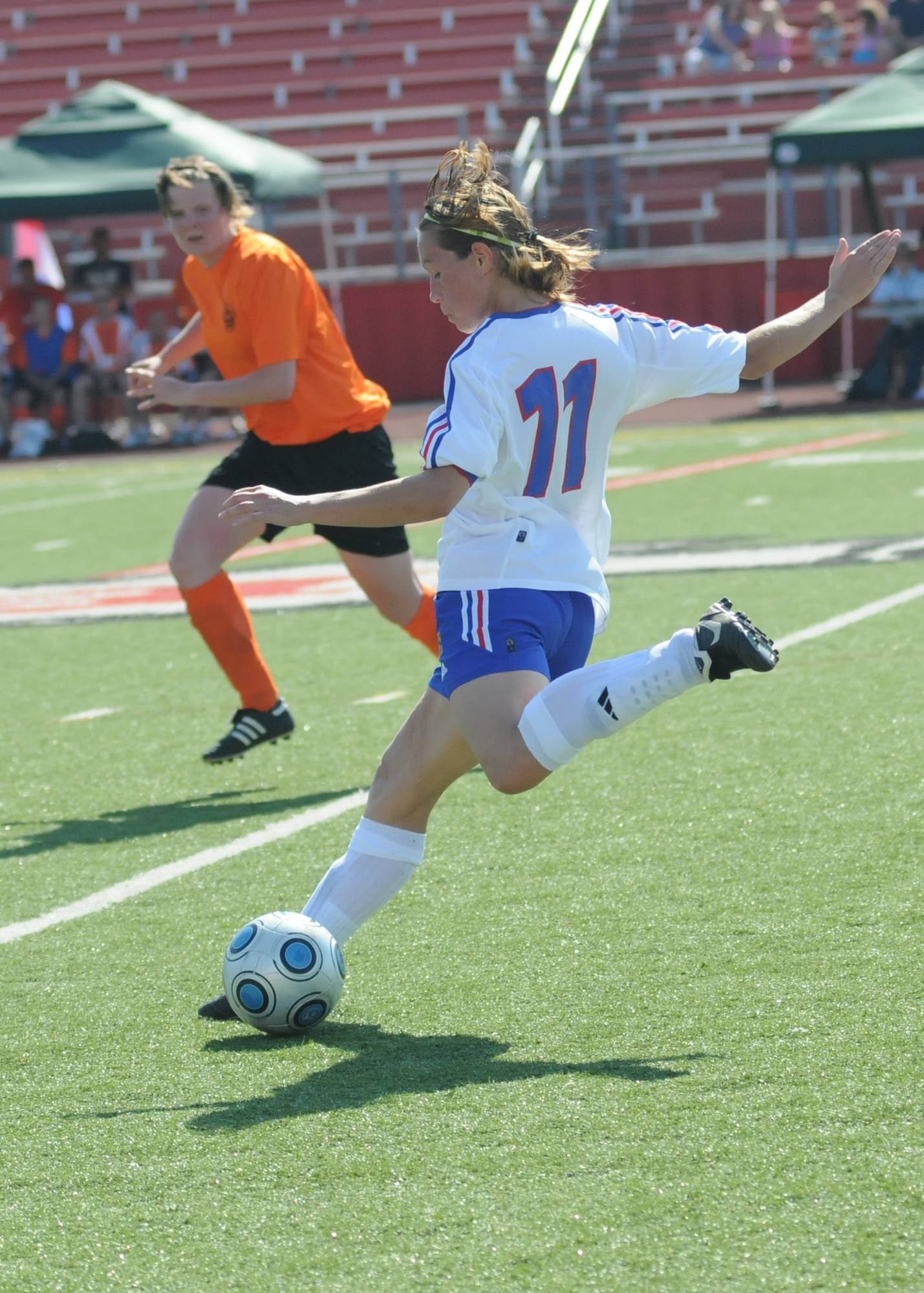 The Netherlands and France compete during the 5th CISM Women’s Soccer Championship at Biloxi High School Stadium 6 June.  The CISM tournament, hosted by Keesler Air Force Base, includes teams from Brazil, Canada, France, Germany, The Netherlands, The Republic of South Korea and the United States.  Matches are being held June 6 to 13, with the Gold match June 13 at 2 p.m.  Organizers say the tournament gives teams and people who attend a chance to develop bonds and life-long friendships between the countries and a chance to learn about one another’s cultural similarities and differences.  (U.S. Air Force photo by Kemberly Groue)