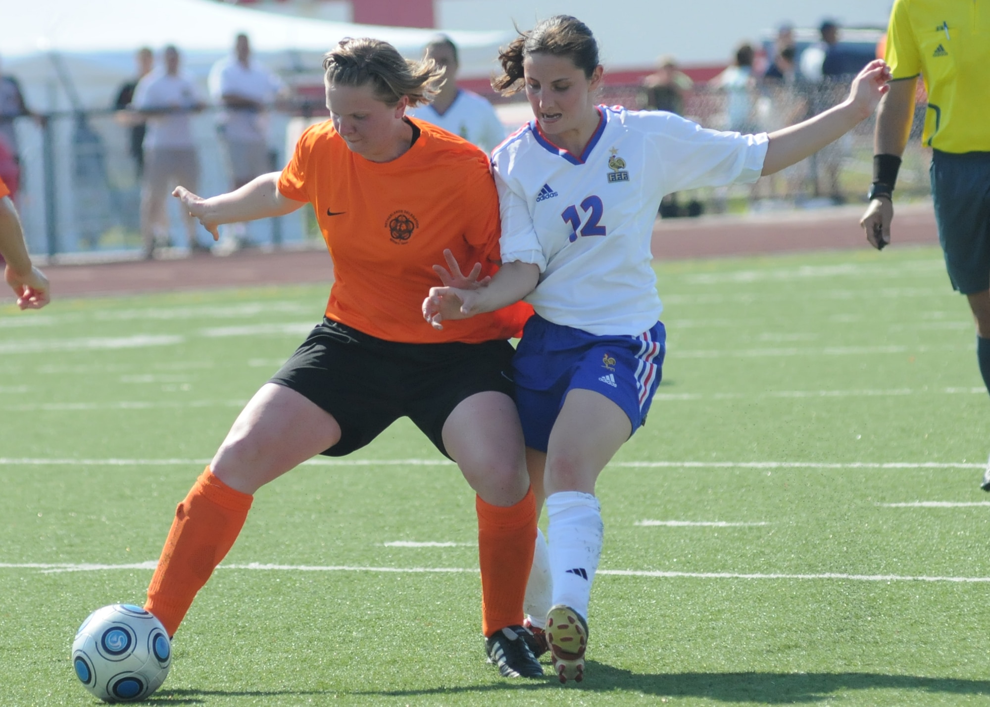 The Netherlands and France compete during the 5th CISM Women’s Soccer Championship at Biloxi High School Stadium 6 June.  The CISM tournament, hosted by Keesler Air Force Base, includes teams from Brazil, Canada, France, Germany, The Netherlands, The Republic of South Korea and the United States.  Matches are being held June 6 to 13, with the Gold match June 13 at 2 p.m.  Organizers say the tournament gives teams and people who attend a chance to develop bonds and life-long friendships between the countries and a chance to learn about one another’s cultural similarities and differences.  (U.S. Air Force photo by Kemberly Groue)