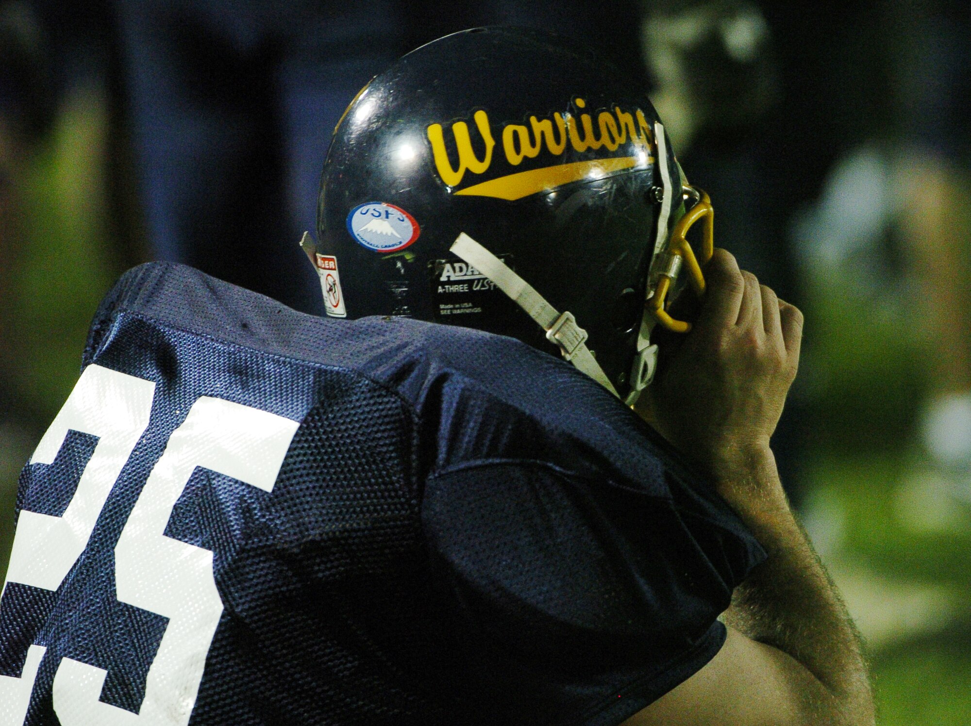 YOKOTA AIR BASE, Japan -- Yokota defensive end John Clabough waits for his turn to take the field June 6 during the Warriors' 22-12 win over the Misawa Jets in U.S. Forces Japan-American Football League action. The win marked Yokota's first of the season, while Misawa dropped to 1-2. The Warriors' final home game at Bonk Field is set for 4 p.m. June 27 vs. Kadena. (U.S. Air Force photo/Master Sgt. Matt Summers)
