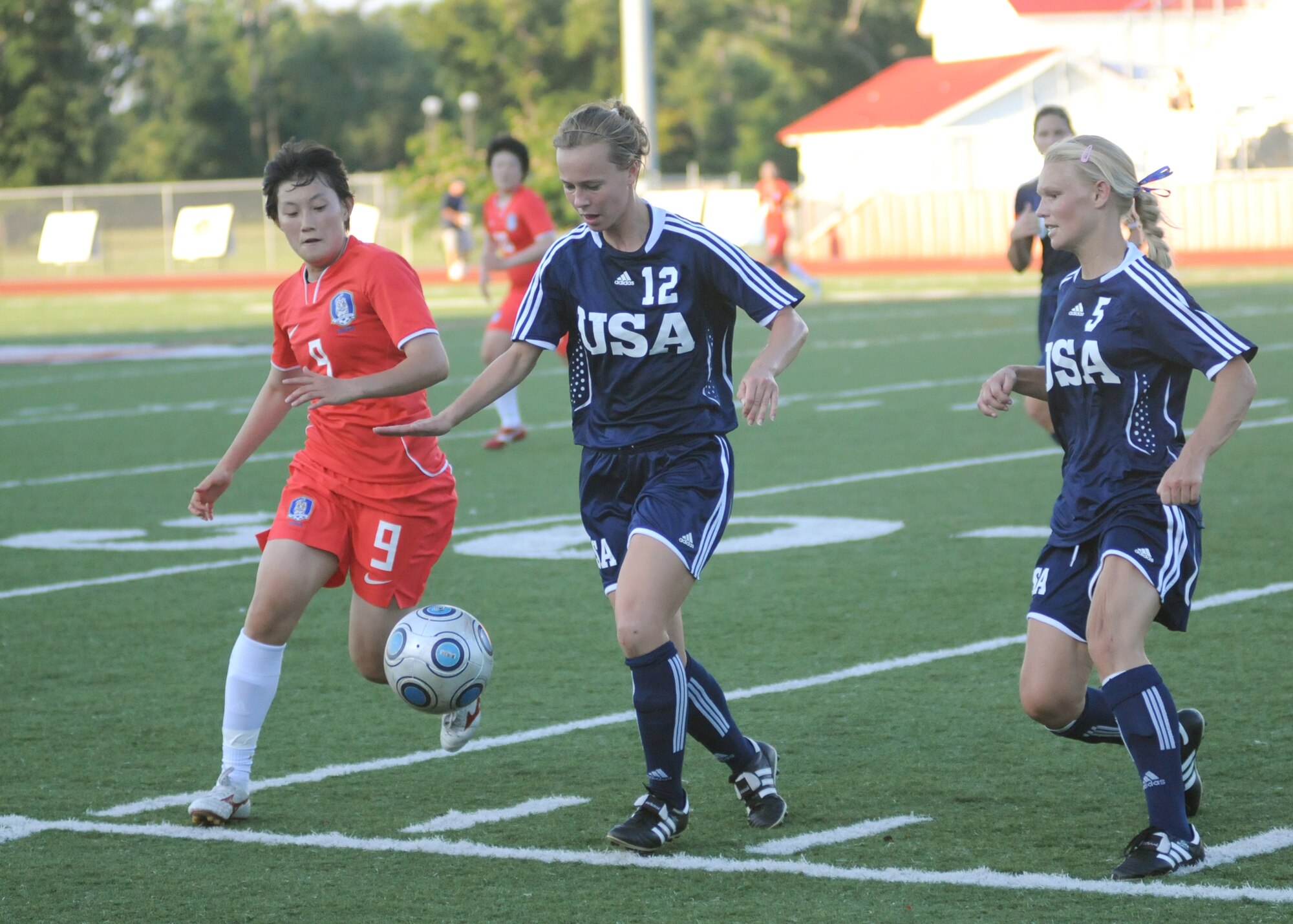 The United States and The Republic of South Korea compete during the 5th CISM Women’s Soccer Championship at Biloxi High School Stadium 7 June.  The CISM tournament, hosted by Keesler Air Force Base, includes teams from Brazil, Canada, France, Germany, The Netherlands, The Republic of South Korea and the United States.  Matches are being held June 6 to 13, with the Gold match June 13 at 2 p.m.  Organizers say the tournament gives teams and people who attend a chance to develop bonds and life-long friendships between the countries and a chance to learn about one another’s cultural similarities and differences.  (U.S. Air Force photo by Kemberly Groue)