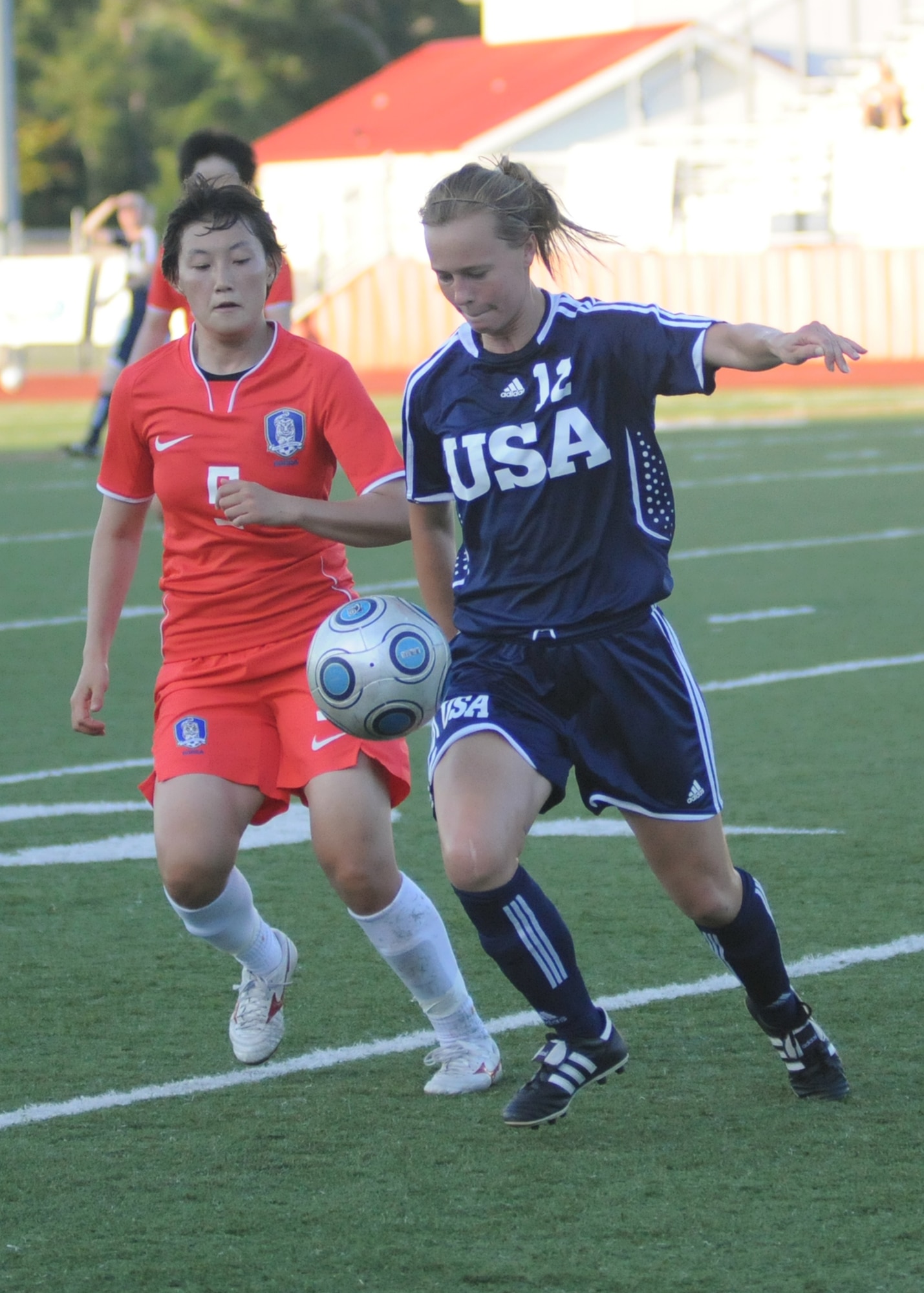 The United States and The Republic of South Korea compete during the 5th CISM Women’s Soccer Championship at Biloxi High School Stadium 7 June.  The CISM tournament, hosted by Keesler Air Force Base, includes teams from Brazil, Canada, France, Germany, The Netherlands, The Republic of South Korea and the United States.  Matches are being held June 6 to 13, with the Gold match June 13 at 2 p.m.  Organizers say the tournament gives teams and people who attend a chance to develop bonds and life-long friendships between the countries and a chance to learn about one another’s cultural similarities and differences.  (U.S. Air Force photo by Kemberly Groue)