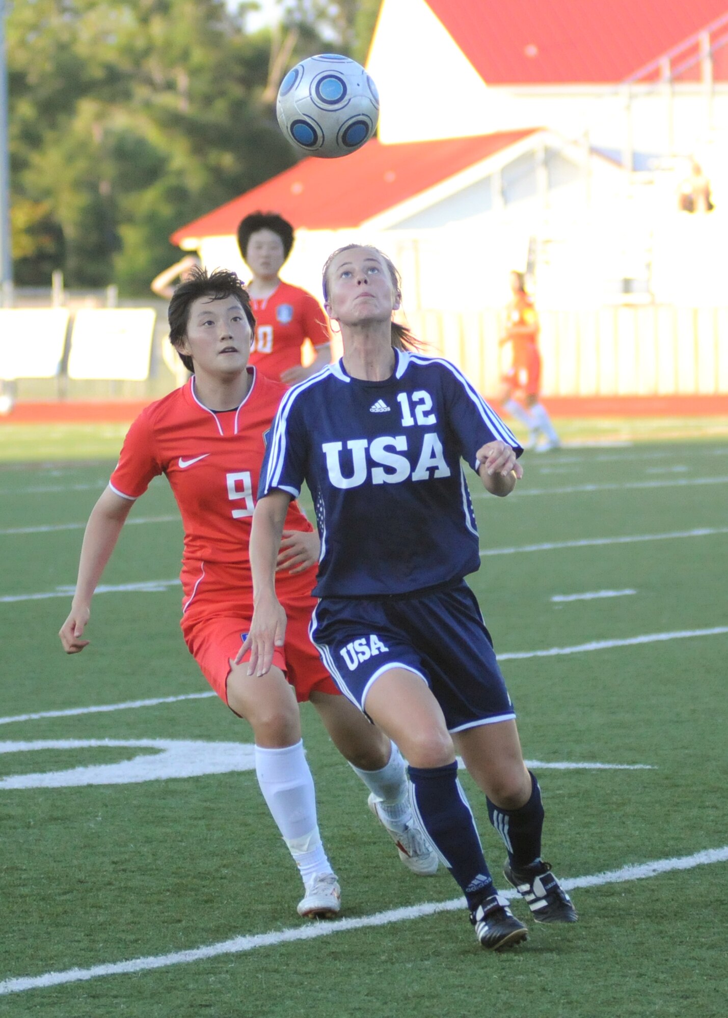 The United States and The Republic of South Korea compete during the 5th CISM Women’s Soccer Championship at Biloxi High School Stadium 7 June.  The CISM tournament, hosted by Keesler Air Force Base, includes teams from Brazil, Canada, France, Germany, The Netherlands, The Republic of South Korea and the United States.  Matches are being held June 6 to 13, with the Gold match June 13 at 2 p.m.  Organizers say the tournament gives teams and people who attend a chance to develop bonds and life-long friendships between the countries and a chance to learn about one another’s cultural similarities and differences.  (U.S. Air Force photo by Kemberly Groue)