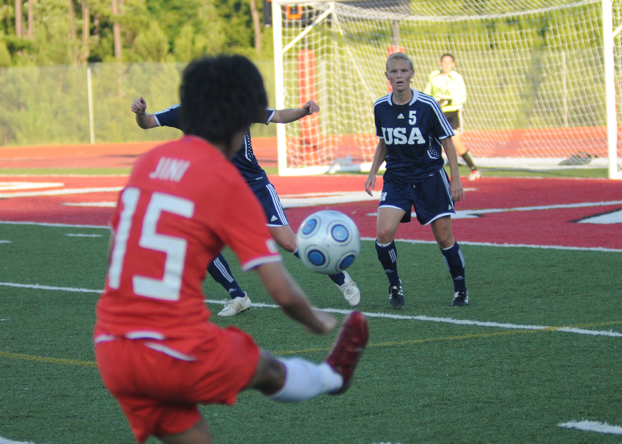 The United States and The Republic of South Korea compete during the 5th CISM Women’s Soccer Championship at Biloxi High School Stadium 7 June.  The CISM tournament, hosted by Keesler Air Force Base, includes teams from Brazil, Canada, France, Germany, The Netherlands, The Republic of South Korea and the United States.  Matches are being held June 6 to 13, with the Gold match June 13 at 2 p.m.  Organizers say the tournament gives teams and people who attend a chance to develop bonds and life-long friendships between the countries and a chance to learn about one another’s cultural similarities and differences.  (U.S. Air Force photo by Kemberly Groue)