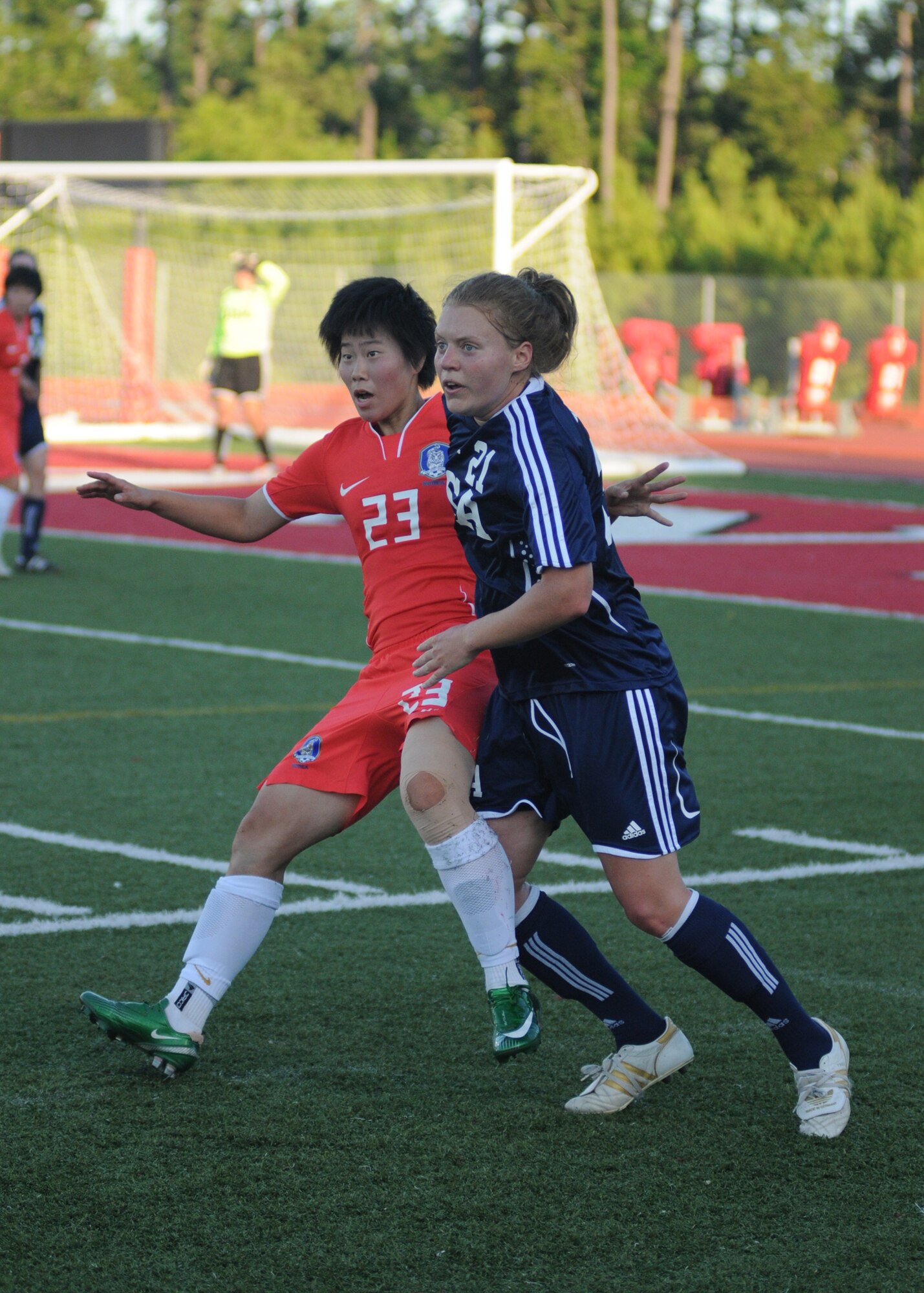 The United States and The Republic of South Korea compete during the 5th CISM Women’s Soccer Championship at Biloxi High School Stadium 7 June.  The CISM tournament, hosted by Keesler Air Force Base, includes teams from Brazil, Canada, France, Germany, The Netherlands, The Republic of South Korea and the United States.  Matches are being held June 6 to 13, with the Gold match June 13 at 2 p.m.  Organizers say the tournament gives teams and people who attend a chance to develop bonds and life-long friendships between the countries and a chance to learn about one another’s cultural similarities and differences.  (U.S. Air Force photo by Kemberly Groue)