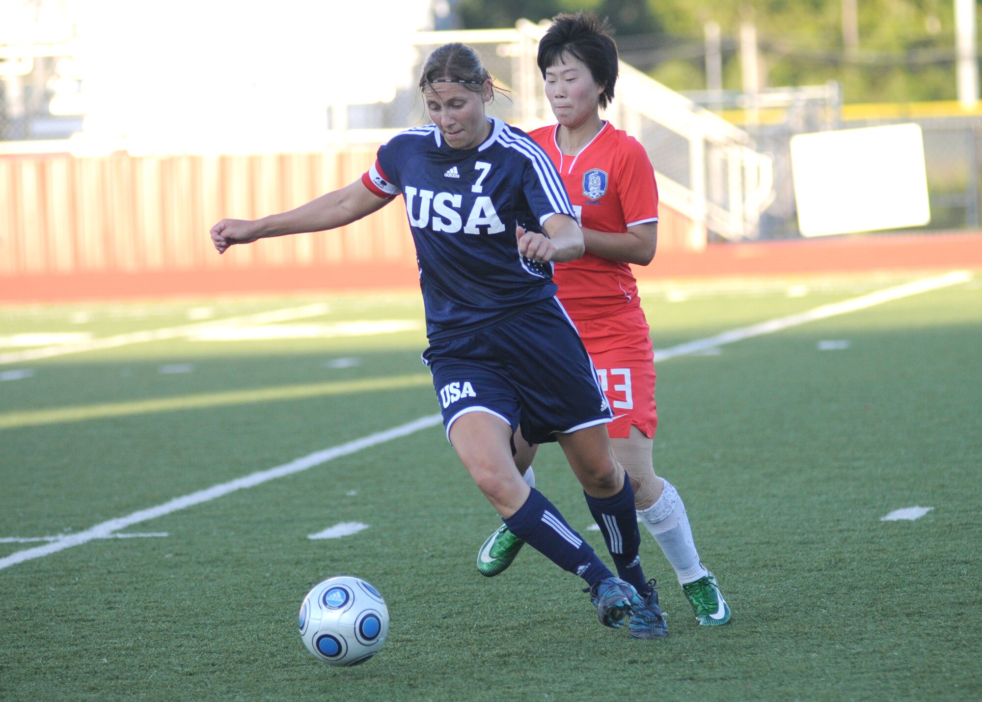The United States and The Republic of South Korea compete during the 5th CISM Women’s Soccer Championship at Biloxi High School Stadium 7 June.  The CISM tournament, hosted by Keesler Air Force Base, includes teams from Brazil, Canada, France, Germany, The Netherlands, The Republic of South Korea and the United States.  Matches are being held June 6 to 13, with the Gold match June 13 at 2 p.m.  Organizers say the tournament gives teams and people who attend a chance to develop bonds and life-long friendships between the countries and a chance to learn about one another’s cultural similarities and differences.  (U.S. Air Force photo by Kemberly Groue)