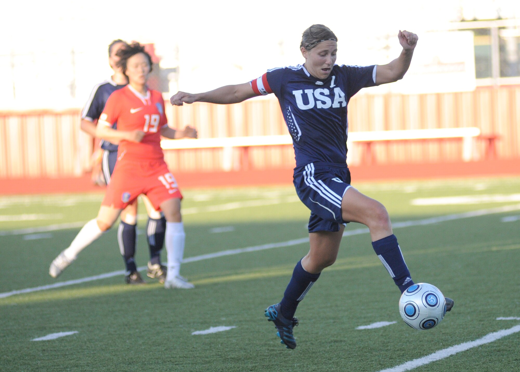 The United States and The Republic of South Korea compete during the 5th CISM Women’s Soccer Championship at Biloxi High School Stadium 7 June.  The CISM tournament, hosted by Keesler Air Force Base, includes teams from Brazil, Canada, France, Germany, The Netherlands, The Republic of South Korea and the United States.  Matches are being held June 6 to 13, with the Gold match June 13 at 2 p.m.  Organizers say the tournament gives teams and people who attend a chance to develop bonds and life-long friendships between the countries and a chance to learn about one another’s cultural similarities and differences.  (U.S. Air Force photo by Kemberly Groue)