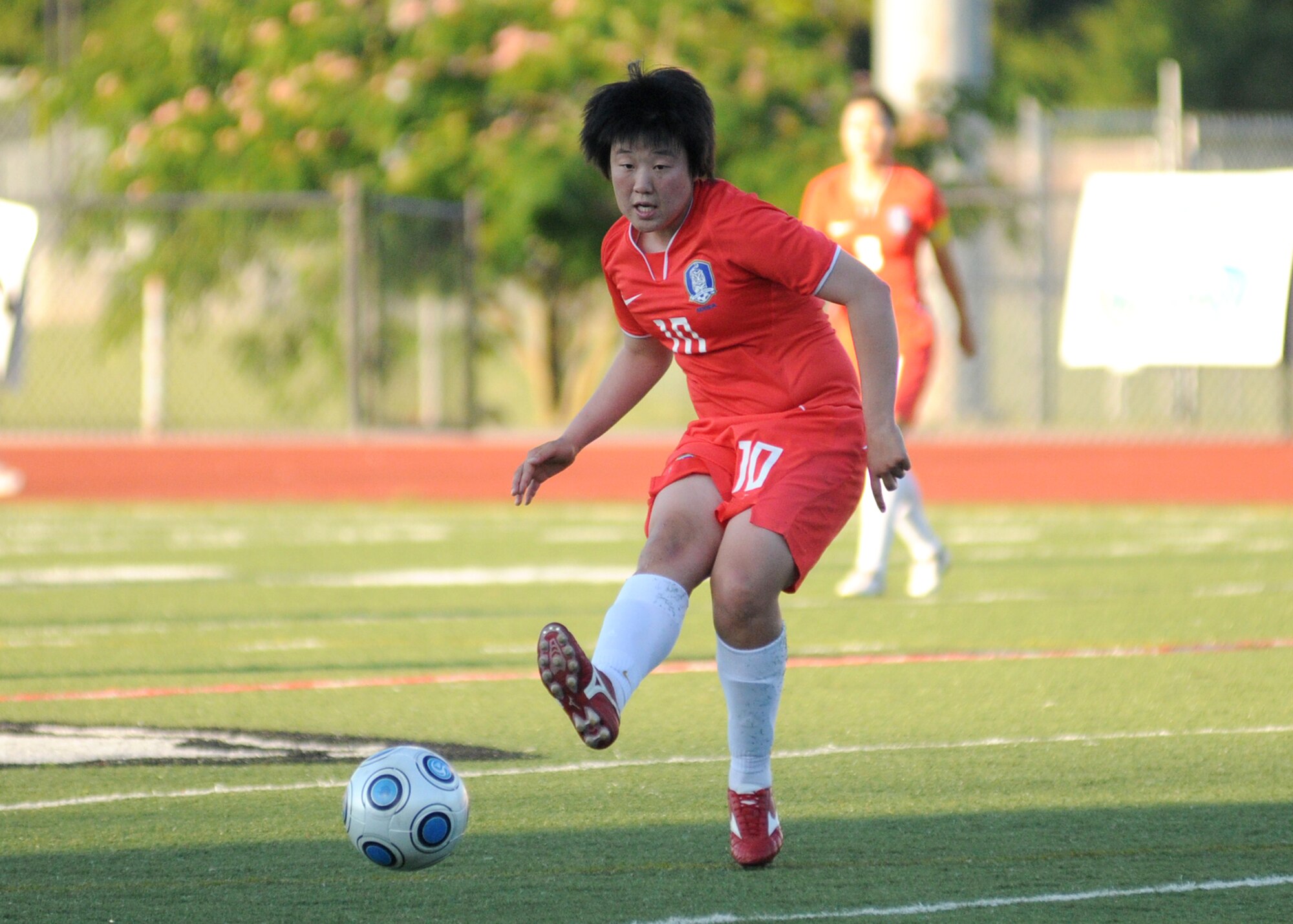 The United States and The Republic of South Korea compete during the 5th CISM Women’s Soccer Championship at Biloxi High School Stadium 7 June.  The CISM tournament, hosted by Keesler Air Force Base, includes teams from Brazil, Canada, France, Germany, The Netherlands, The Republic of South Korea and the United States.  Matches are being held June 6 to 13, with the Gold match June 13 at 2 p.m.  Organizers say the tournament gives teams and people who attend a chance to develop bonds and life-long friendships between the countries and a chance to learn about one another’s cultural similarities and differences.  (U.S. Air Force photo by Kemberly Groue)