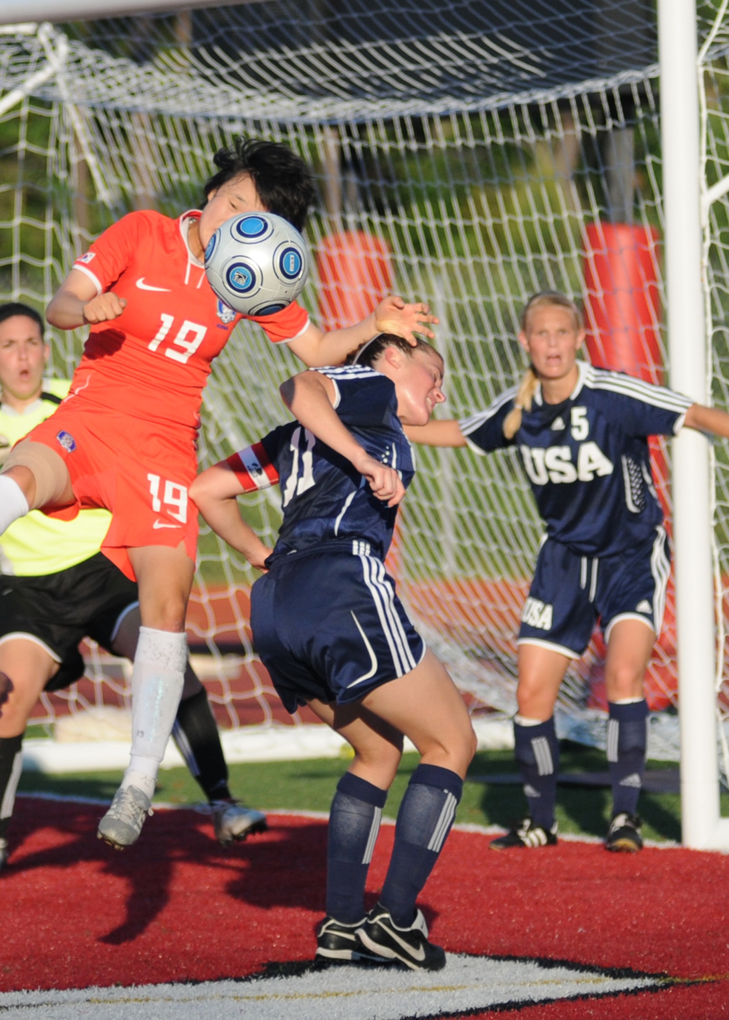 The United States and The Republic of South Korea compete during the 5th CISM Women’s Soccer Championship at Biloxi High School Stadium 7 June.  The CISM tournament, hosted by Keesler Air Force Base, includes teams from Brazil, Canada, France, Germany, The Netherlands, The Republic of South Korea and the United States.  Matches are being held June 6 to 13, with the Gold match June 13 at 2 p.m.  Organizers say the tournament gives teams and people who attend a chance to develop bonds and life-long friendships between the countries and a chance to learn about one another’s cultural similarities and differences.  (U.S. Air Force photo by Kemberly Groue)
