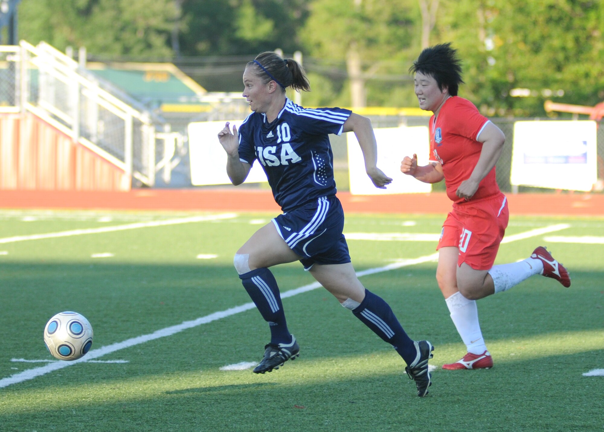 The United States and The Republic of South Korea compete during the 5th CISM Women’s Soccer Championship at Biloxi High School Stadium 7 June.  The CISM tournament, hosted by Keesler Air Force Base, includes teams from Brazil, Canada, France, Germany, The Netherlands, The Republic of South Korea and the United States.  Matches are being held June 6 to 13, with the Gold match June 13 at 2 p.m.  Organizers say the tournament gives teams and people who attend a chance to develop bonds and life-long friendships between the countries and a chance to learn about one another’s cultural similarities and differences.  (U.S. Air Force photo by Kemberly Groue)