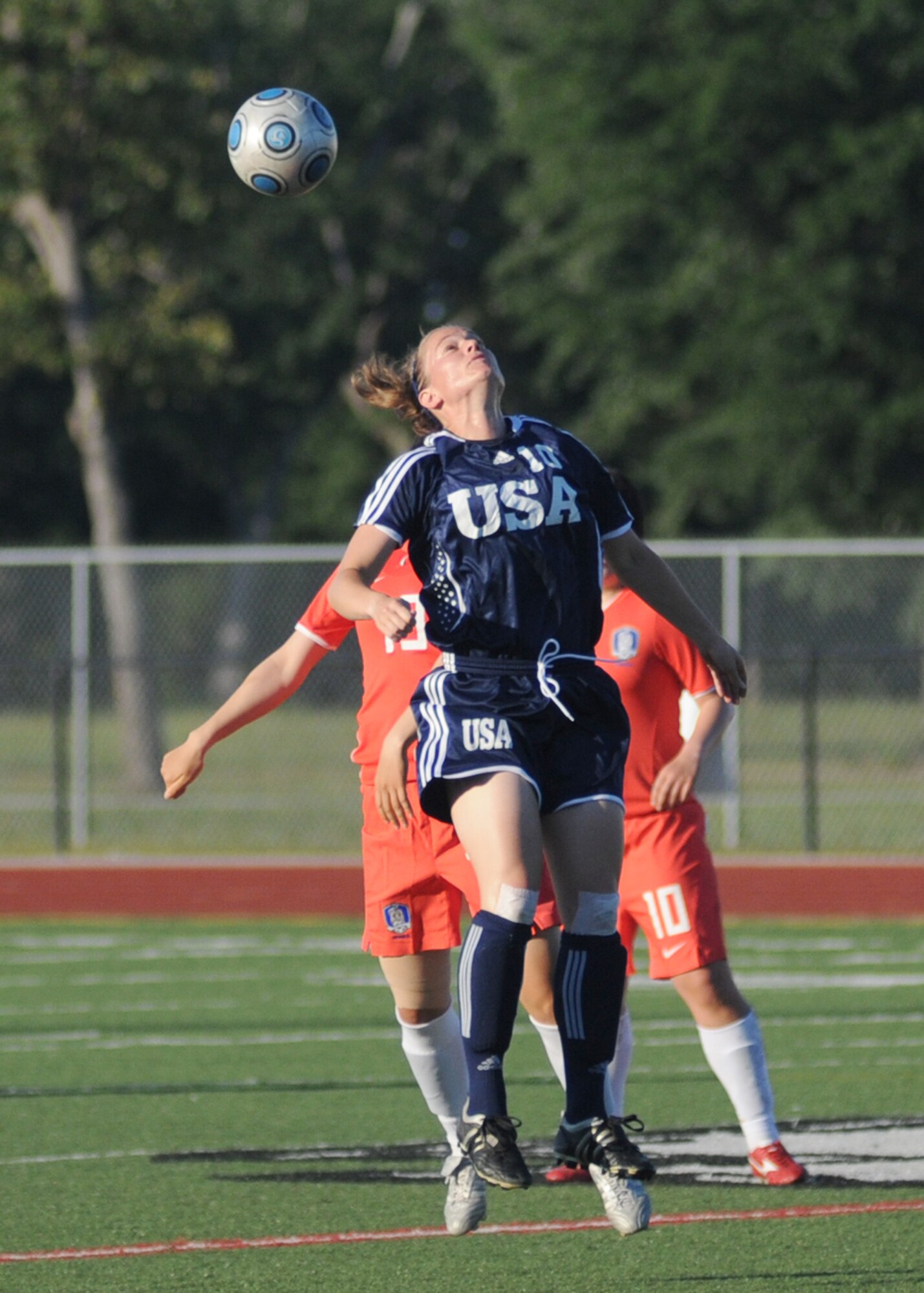 The United States and The Republic of South Korea compete during the 5th CISM Women’s Soccer Championship at Biloxi High School Stadium 7 June.  The CISM tournament, hosted by Keesler Air Force Base, includes teams from Brazil, Canada, France, Germany, The Netherlands, The Republic of South Korea and the United States.  Matches are being held June 6 to 13, with the Gold match June 13 at 2 p.m.  Organizers say the tournament gives teams and people who attend a chance to develop bonds and life-long friendships between the countries and a chance to learn about one another’s cultural similarities and differences.  (U.S. Air Force photo by Kemberly Groue)