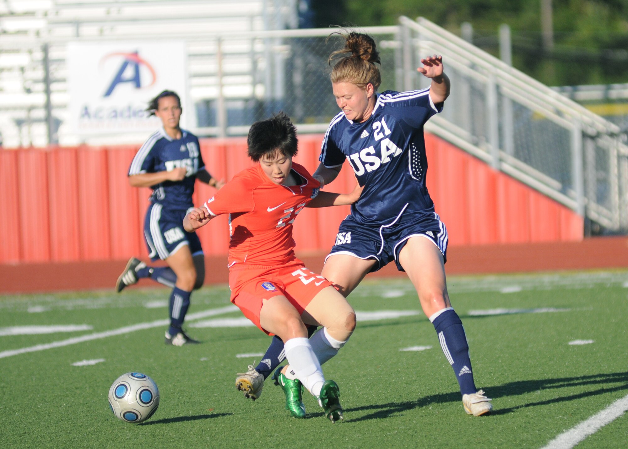 The United States and The Republic of South Korea compete during the 5th CISM Women’s Soccer Championship at Biloxi High School Stadium 7 June.  The CISM tournament, hosted by Keesler Air Force Base, includes teams from Brazil, Canada, France, Germany, The Netherlands, The Republic of South Korea and the United States.  Matches are being held June 6 to 13, with the Gold match June 13 at 2 p.m.  Organizers say the tournament gives teams and people who attend a chance to develop bonds and life-long friendships between the countries and a chance to learn about one another’s cultural similarities and differences.  (U.S. Air Force photo by Kemberly Groue)