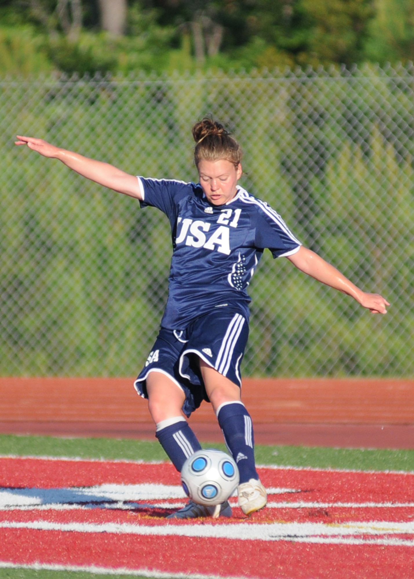 The United States and The Republic of South Korea compete during the 5th CISM Women’s Soccer Championship at Biloxi High School Stadium 7 June.  The CISM tournament, hosted by Keesler Air Force Base, includes teams from Brazil, Canada, France, Germany, The Netherlands, The Republic of South Korea and the United States.  Matches are being held June 6 to 13, with the Gold match June 13 at 2 p.m.  Organizers say the tournament gives teams and people who attend a chance to develop bonds and life-long friendships between the countries and a chance to learn about one another’s cultural similarities and differences.  (U.S. Air Force photo by Kemberly Groue)